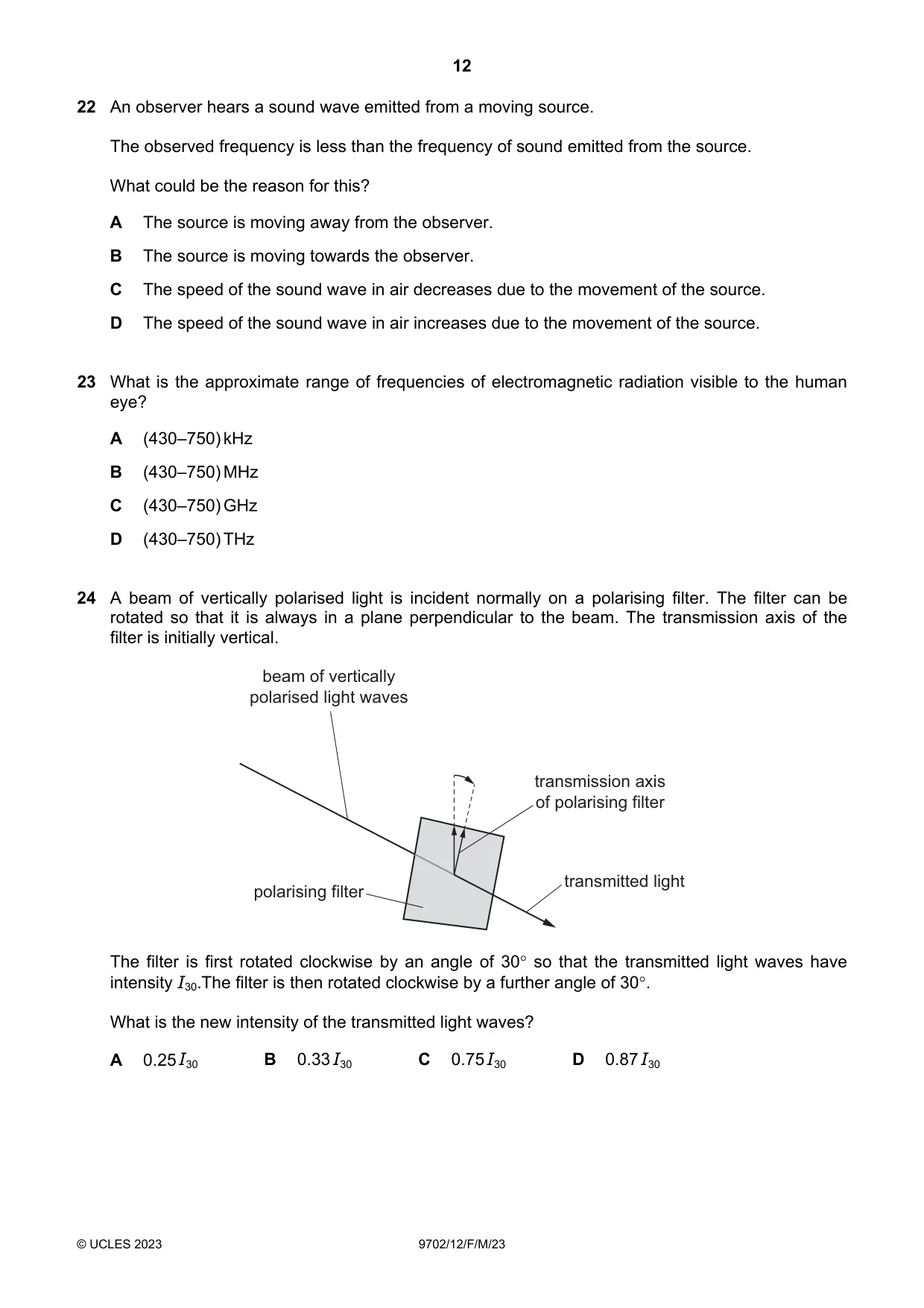 Cambridge A Level Physics 9702 2023 Feb/March Paper 1 · Variant 2 question paper, page 12 of 20