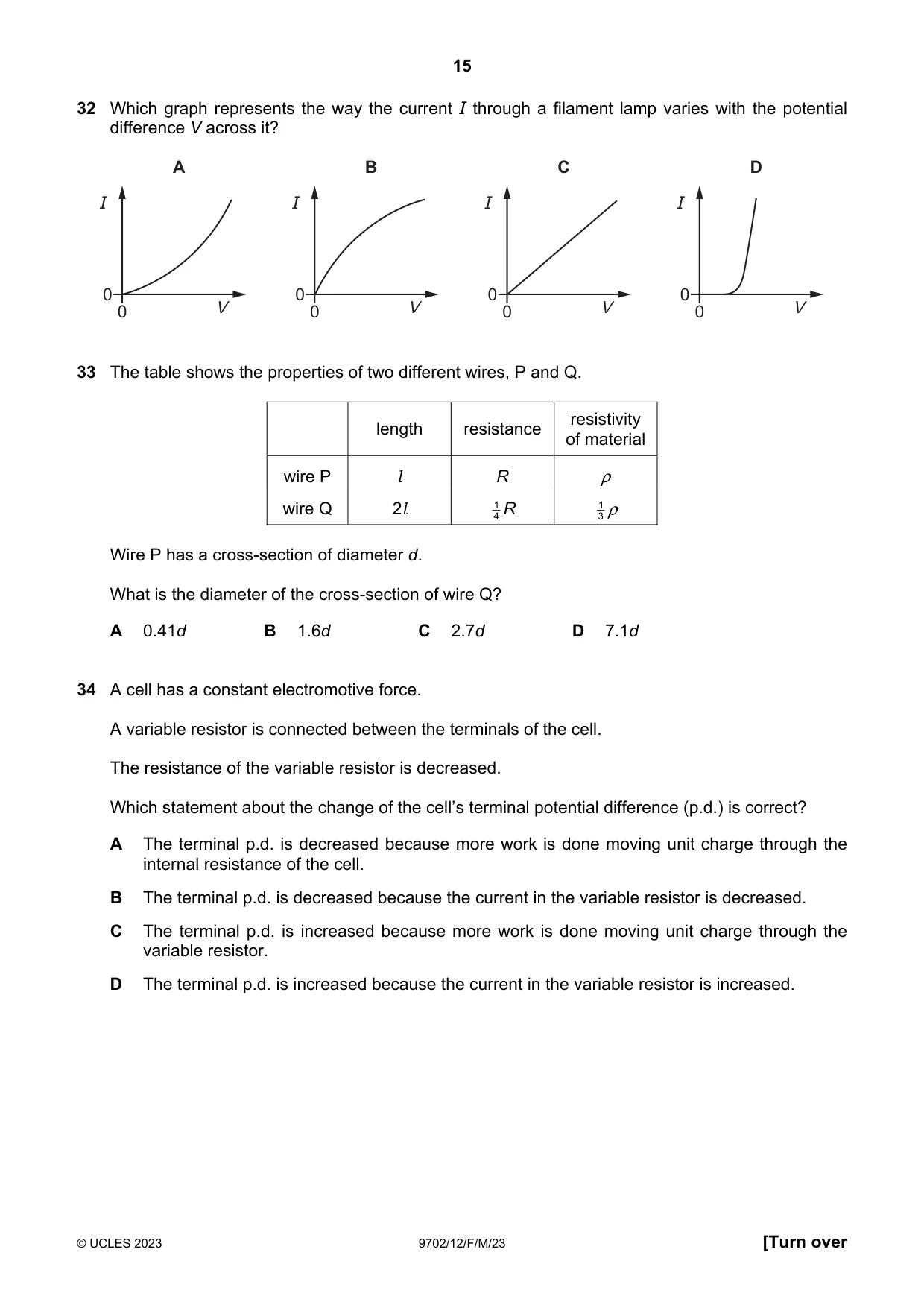 Cambridge A Level Physics 9702 2023 Feb/March Paper 1 · Variant 2 question paper, page 15 of 20