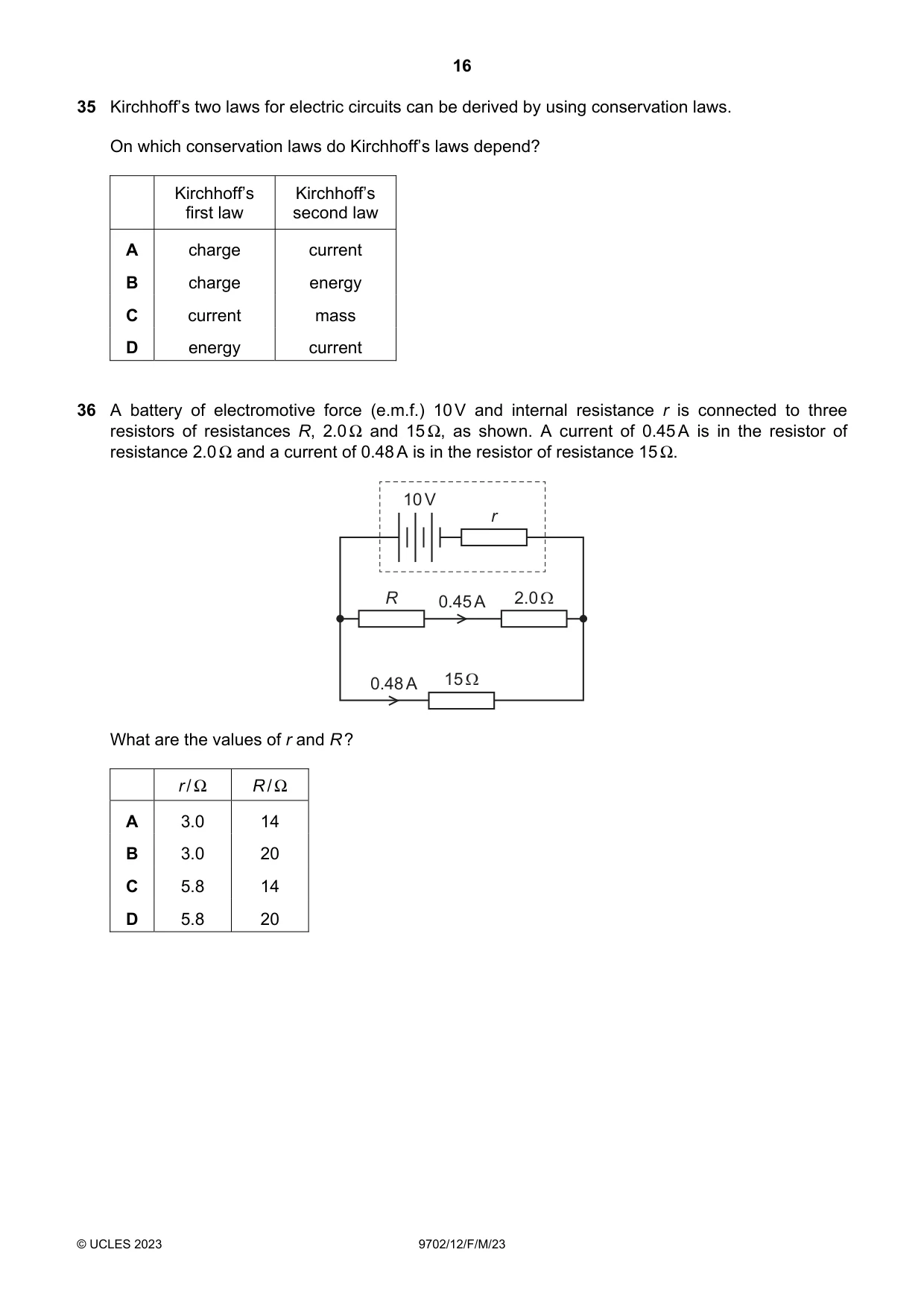 Cambridge A Level Physics 9702 2023 Feb/March Paper 1 · Variant 2 question paper, page 16 of 20