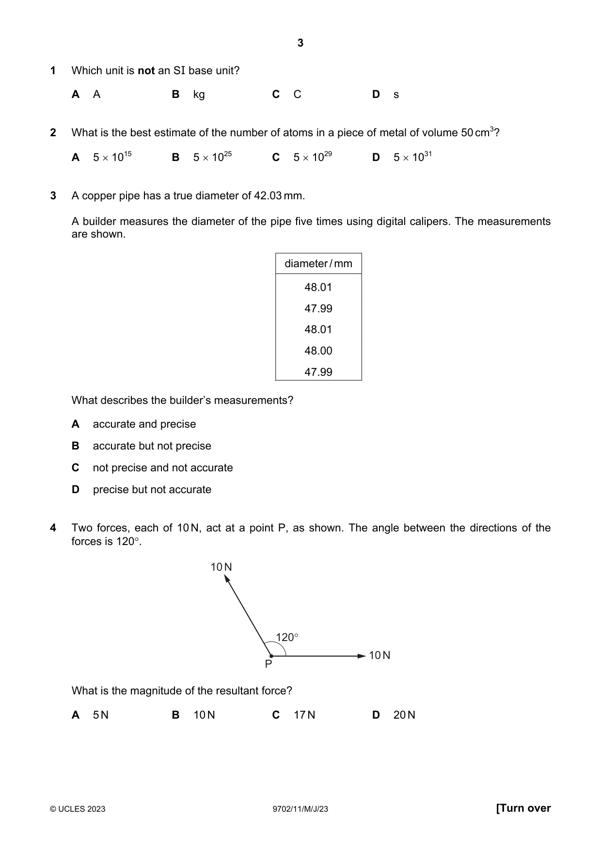 Cambridge A Level Physics 9702 2023 May/June Paper 1 · Variant 1 question paper, page 3 of 20