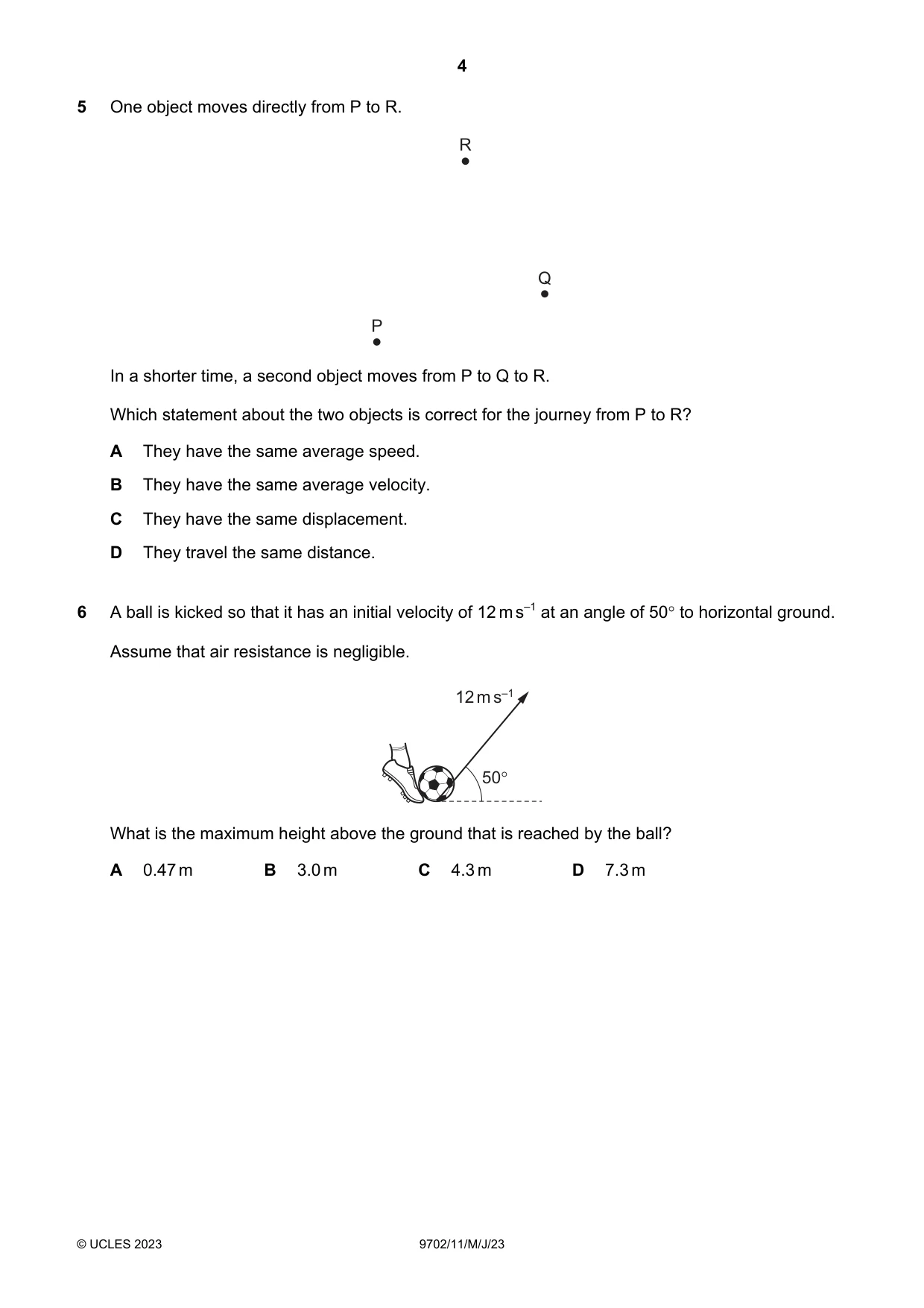 Cambridge A Level Physics 9702 2023 May/June Paper 1 · Variant 1 question paper, page 4 of 20