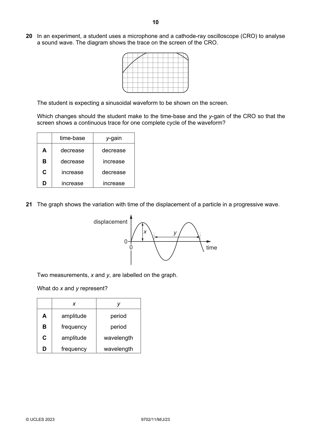 Cambridge A Level Physics 9702 2023 May/June Paper 1 · Variant 1 question paper, page 10 of 20