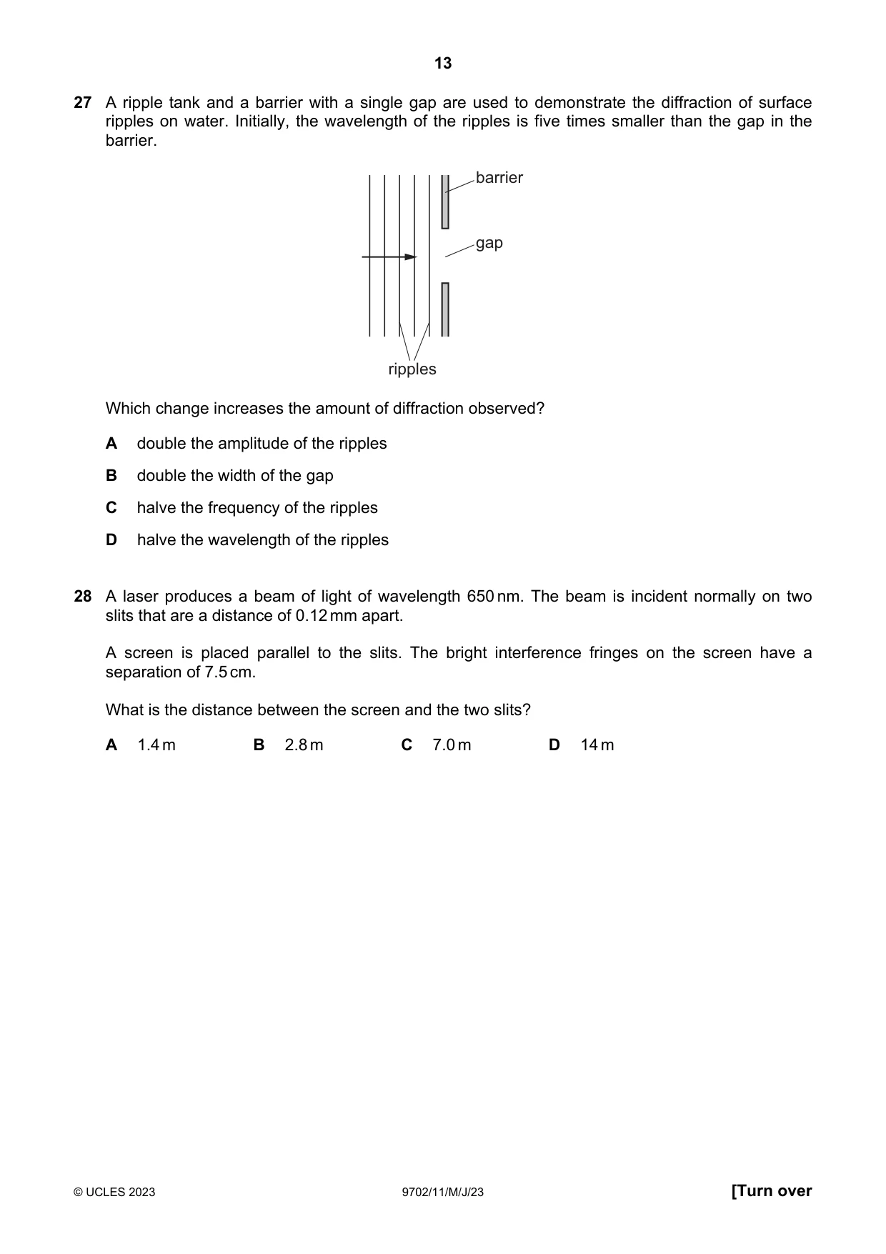 Cambridge A Level Physics 9702 2023 May/June Paper 1 · Variant 1 question paper, page 13 of 20