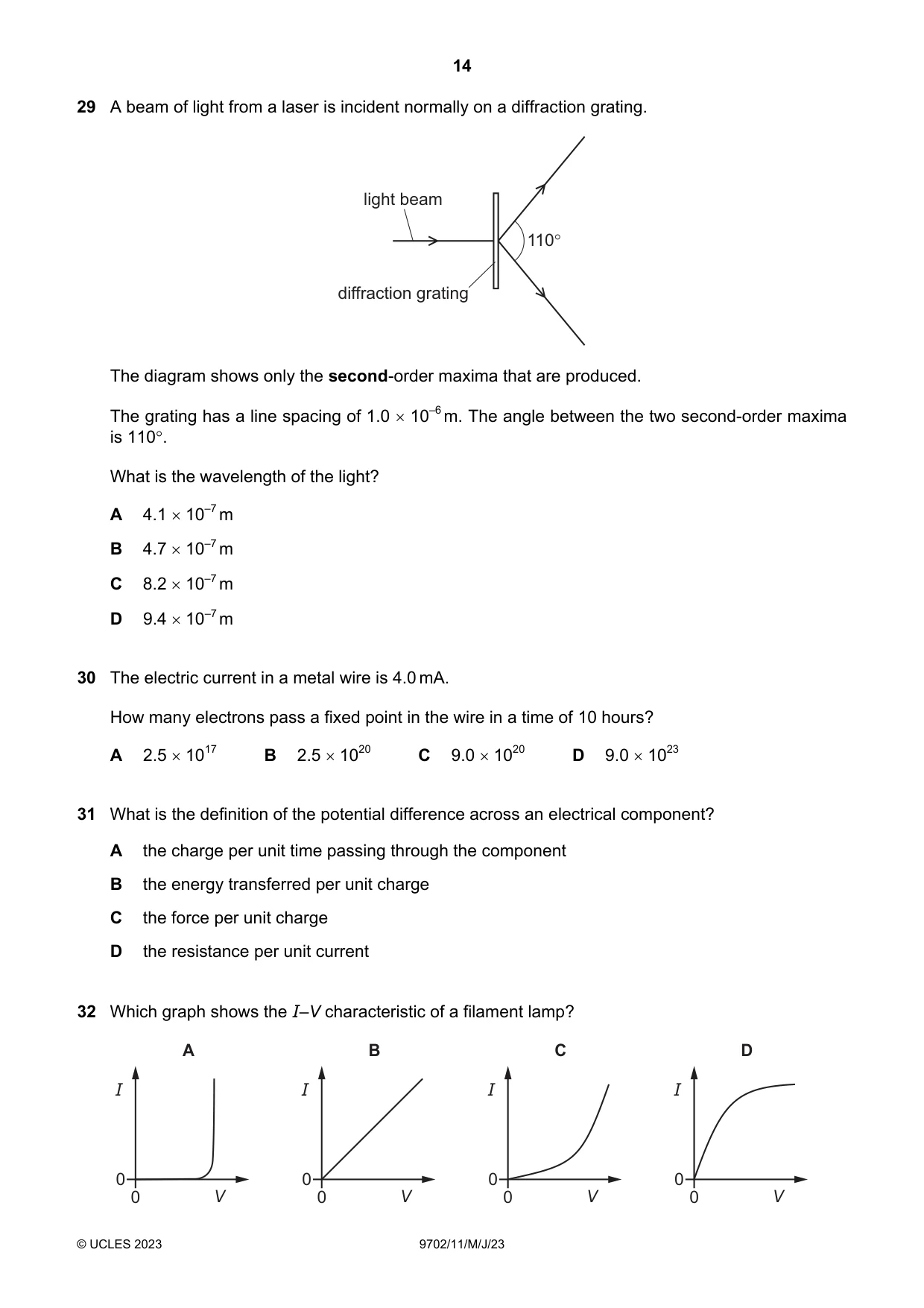 Cambridge A Level Physics 9702 2023 May/June Paper 1 · Variant 1 question paper, page 14 of 20