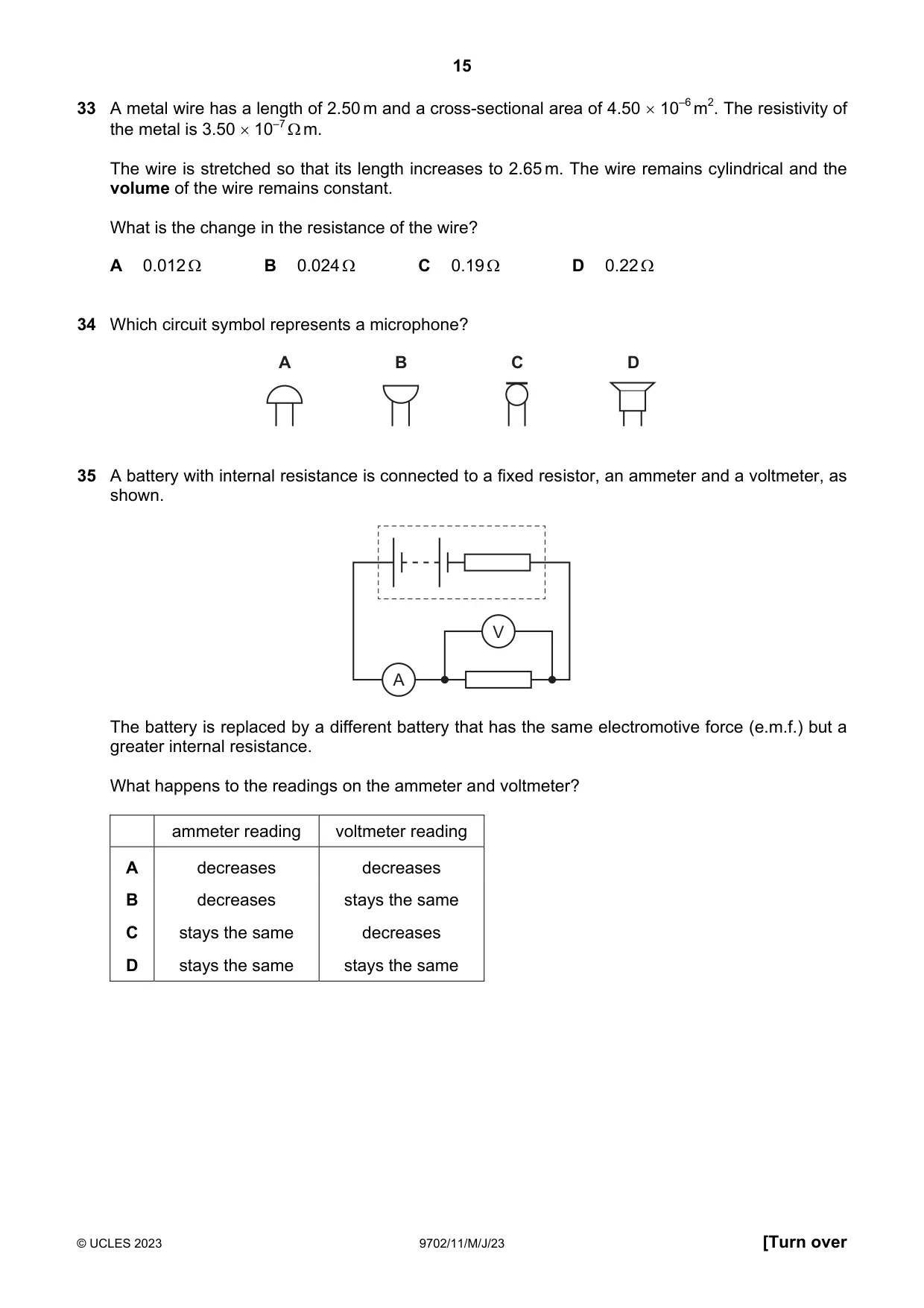 Cambridge A Level Physics 9702 2023 May/June Paper 1 · Variant 1 question paper, page 15 of 20