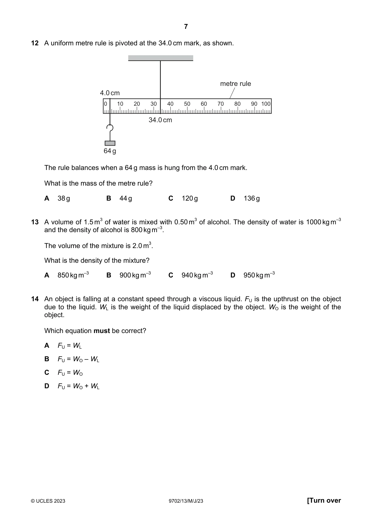 Cambridge A Level Physics 9702 2023 May/June Paper 1 · Variant 3 question paper, page 7 of 20