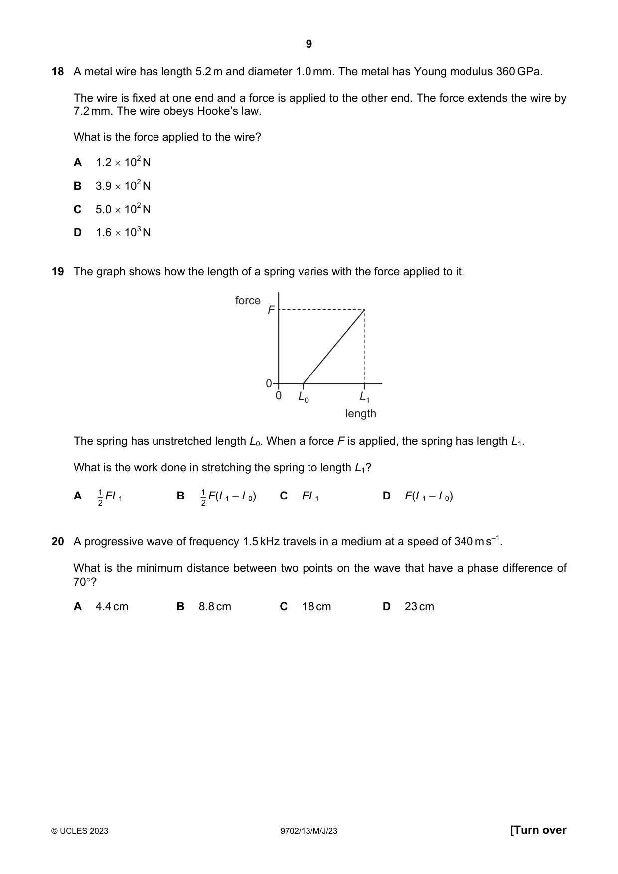 Cambridge A Level Physics 9702 2023 May/June Paper 1 · Variant 3 question paper, page 9 of 20