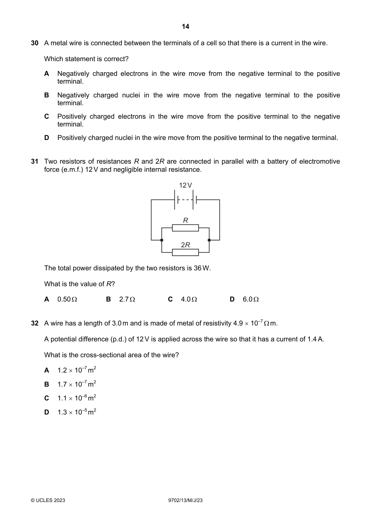 Cambridge A Level Physics 9702 2023 May/June Paper 1 · Variant 3 question paper, page 14 of 20