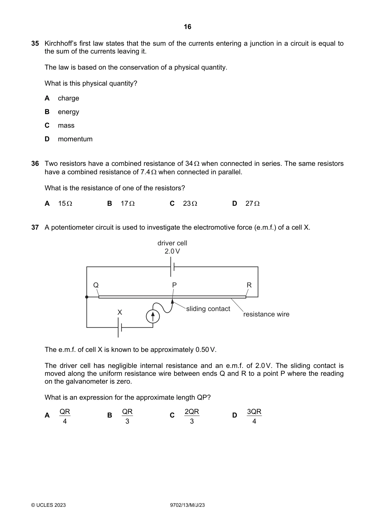 Cambridge A Level Physics 9702 2023 May/June Paper 1 · Variant 3 question paper, page 16 of 20