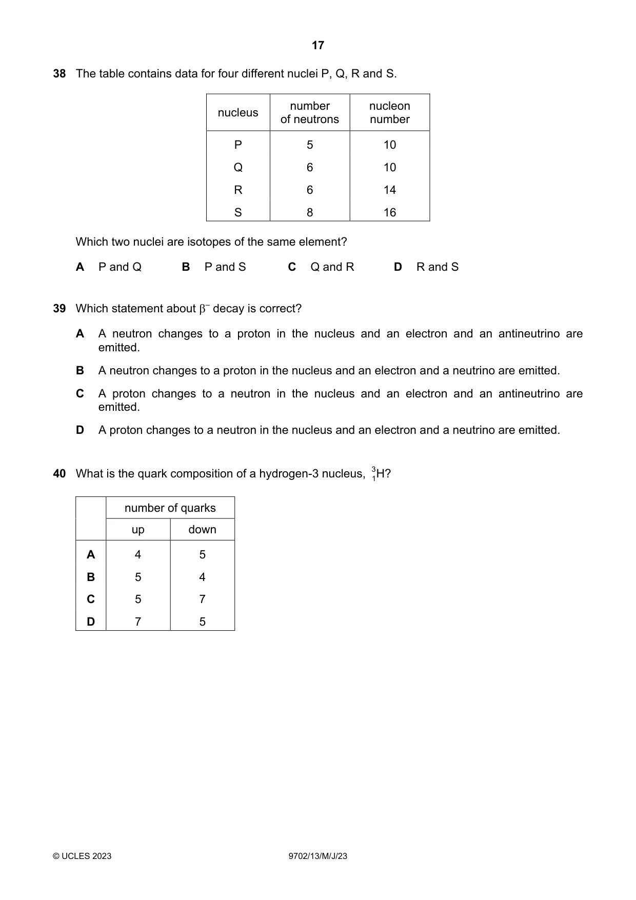 Cambridge A Level Physics 9702 2023 May/June Paper 1 · Variant 3 question paper, page 17 of 20