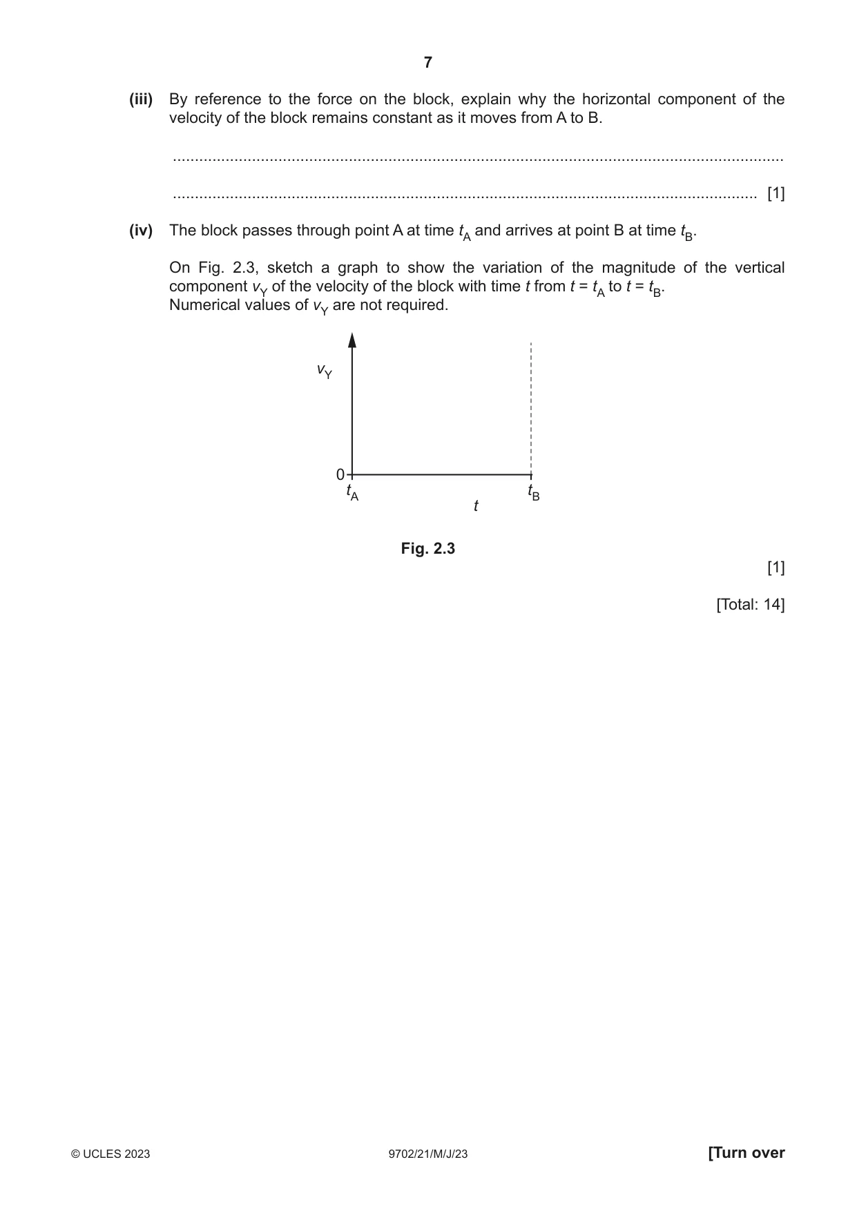 Cambridge A Level Physics 9702 2023 May/June Paper 2 · Variant 1 question paper, page 7 of 20