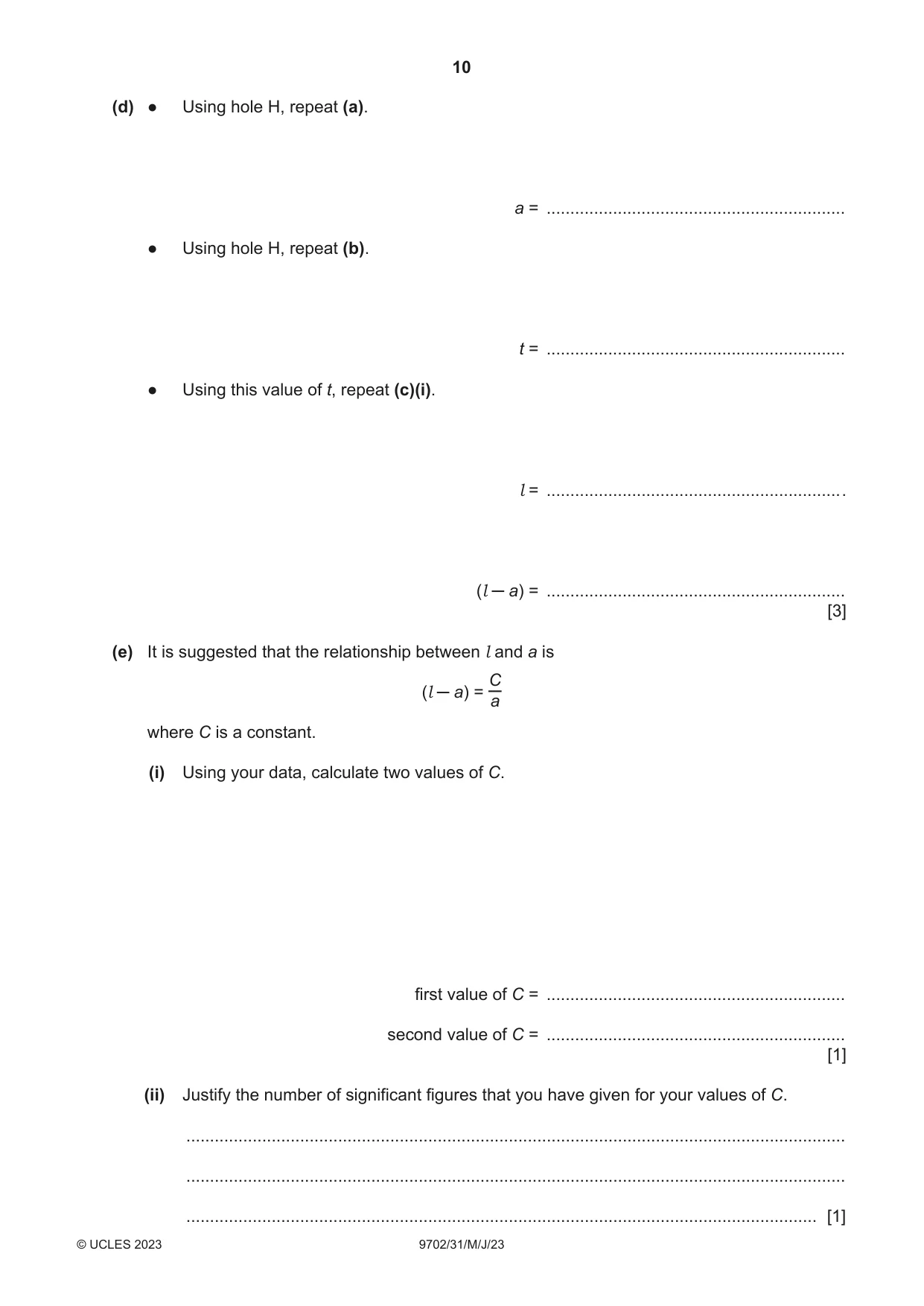 Cambridge A Level Physics 9702 2023 May/June Paper 3 · Variant 1 question paper, page 10 of 12