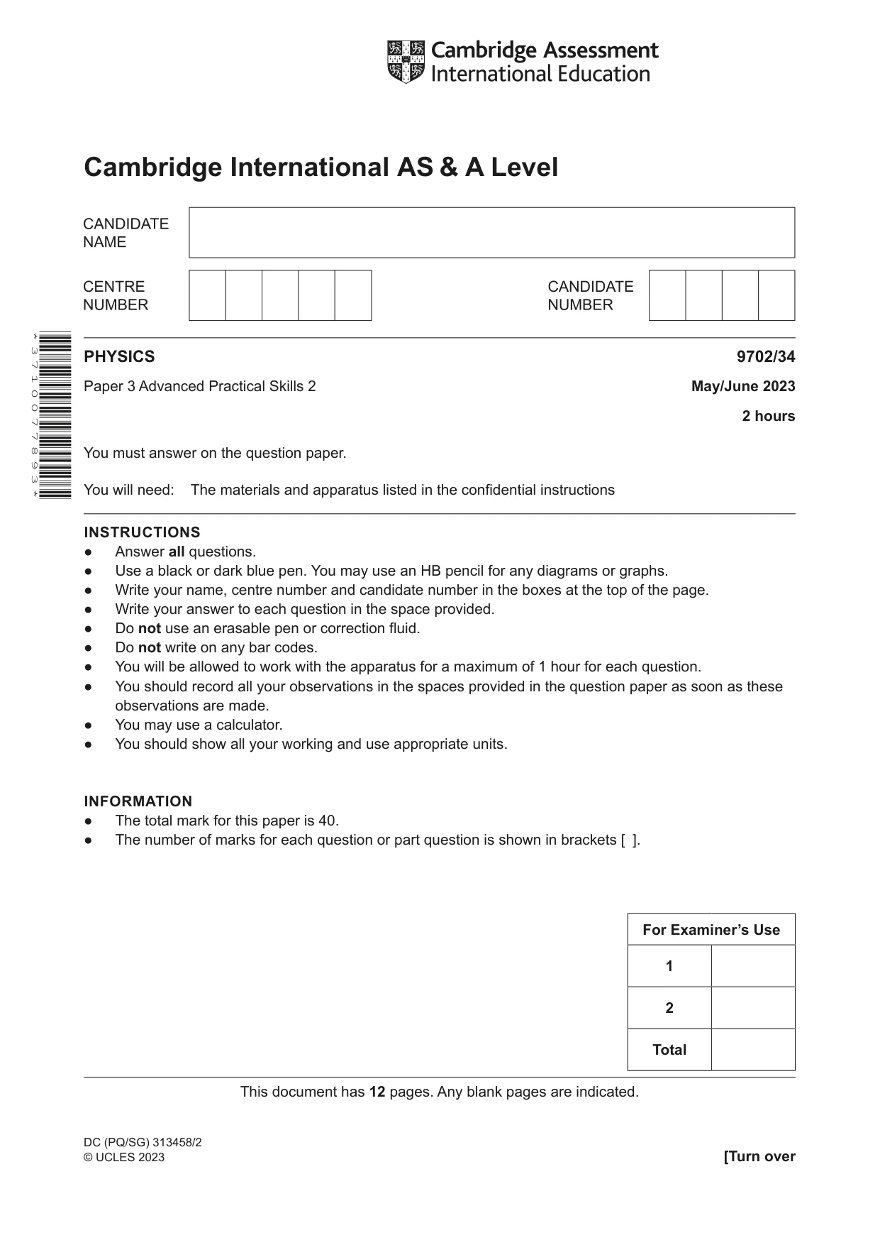 Cambridge A Level Physics 9702 2023 May/June Paper 3 · Variant 4 question paper, page 1 of 12