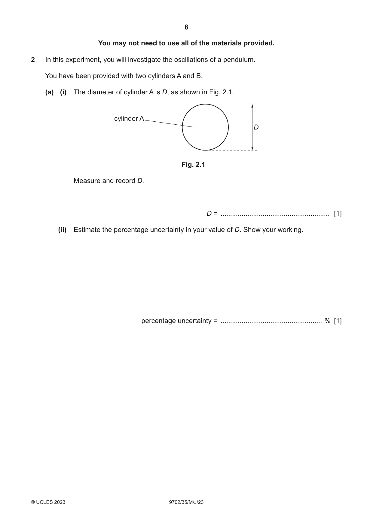 Cambridge A Level Physics 9702 2023 May/June Paper 3 · Variant 5 question paper, page 8 of 16