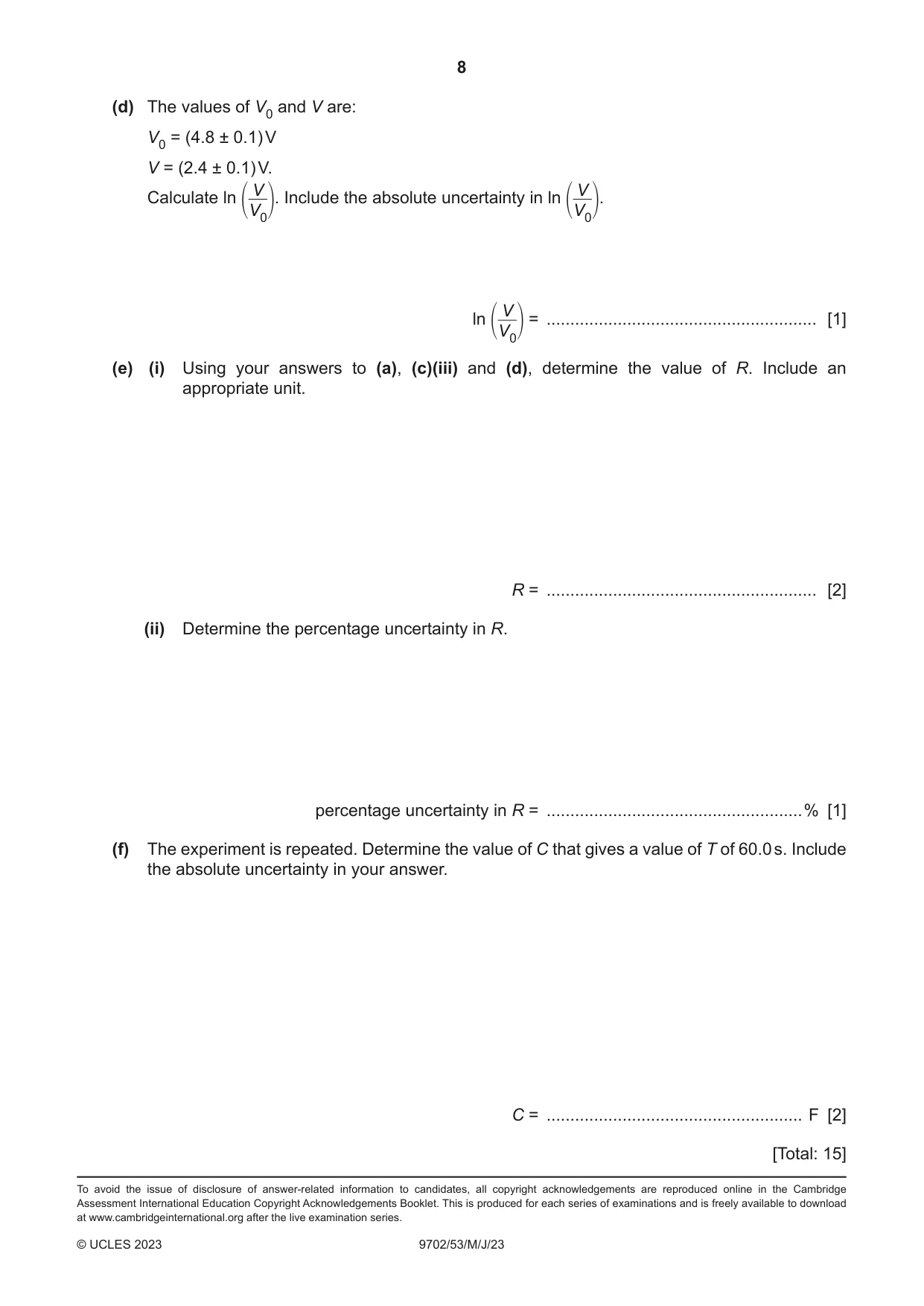 Cambridge A Level Physics 9702 2023 May/June Paper 5 · Variant 3 question paper, page 8 of 8