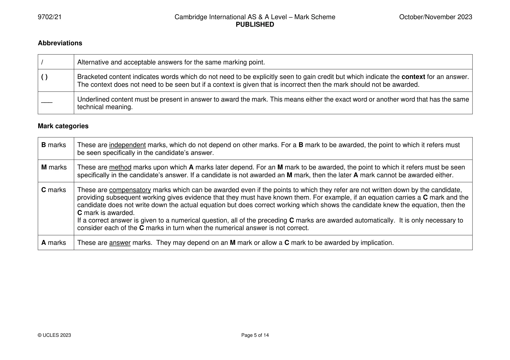 Mark scheme, page 5 of 14