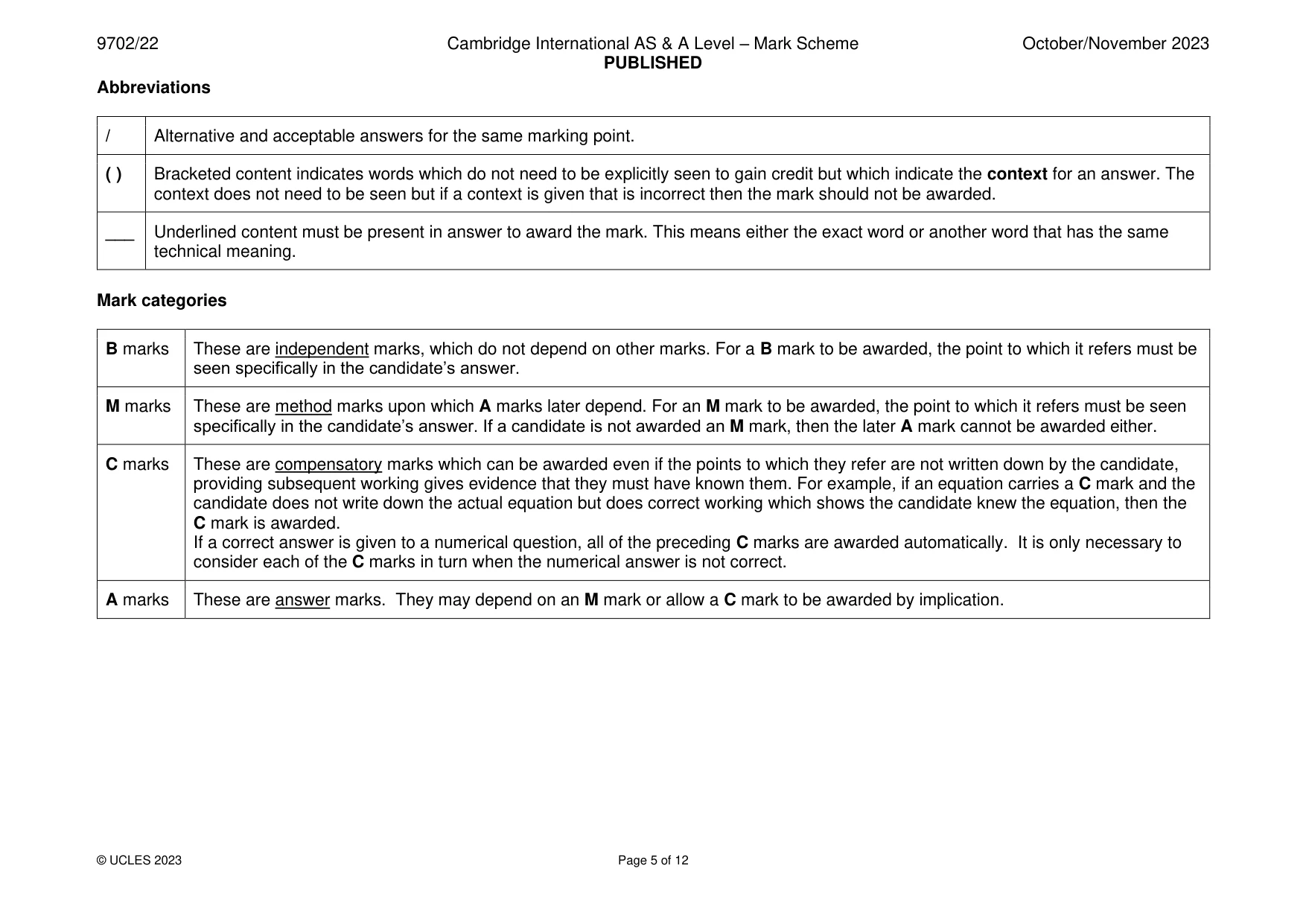 Mark scheme, page 5 of 12