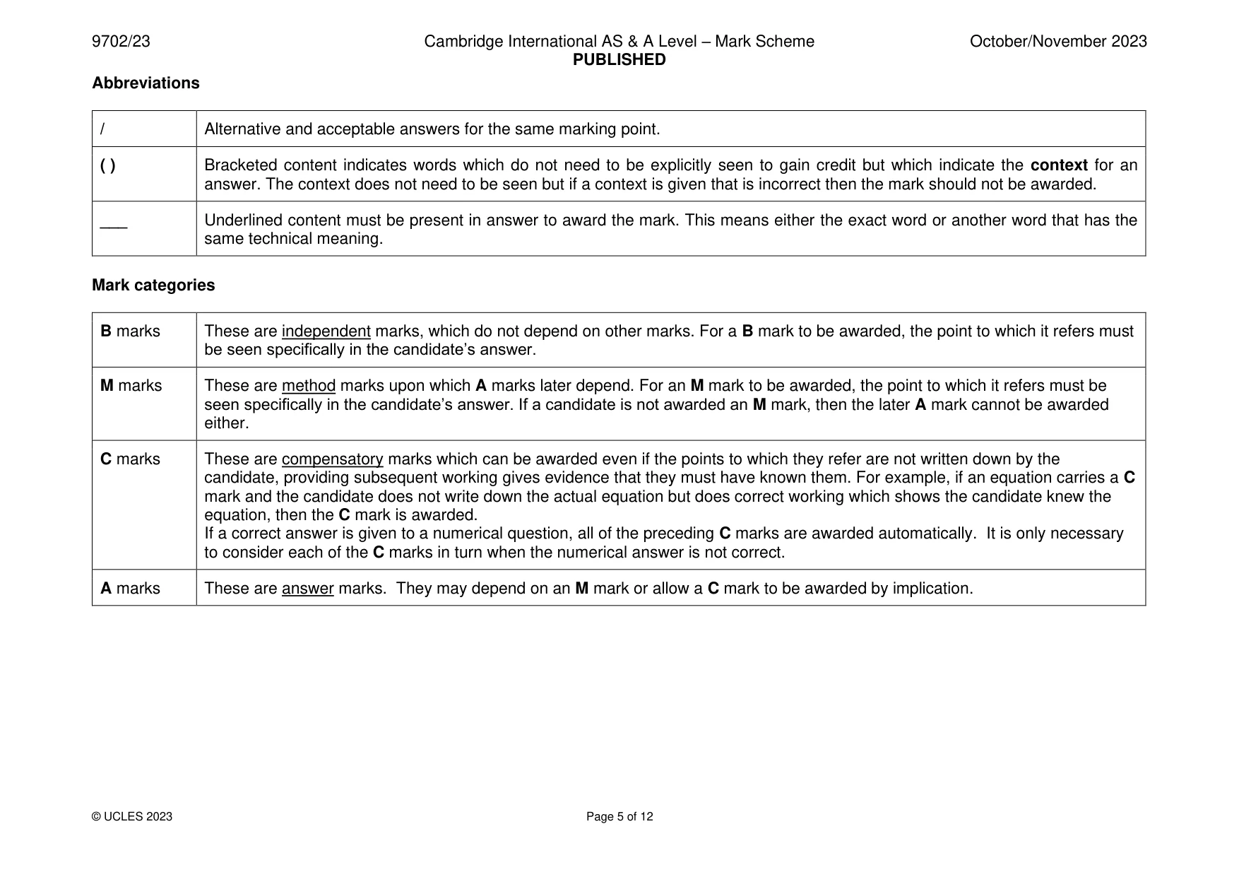 Mark scheme, page 5 of 12