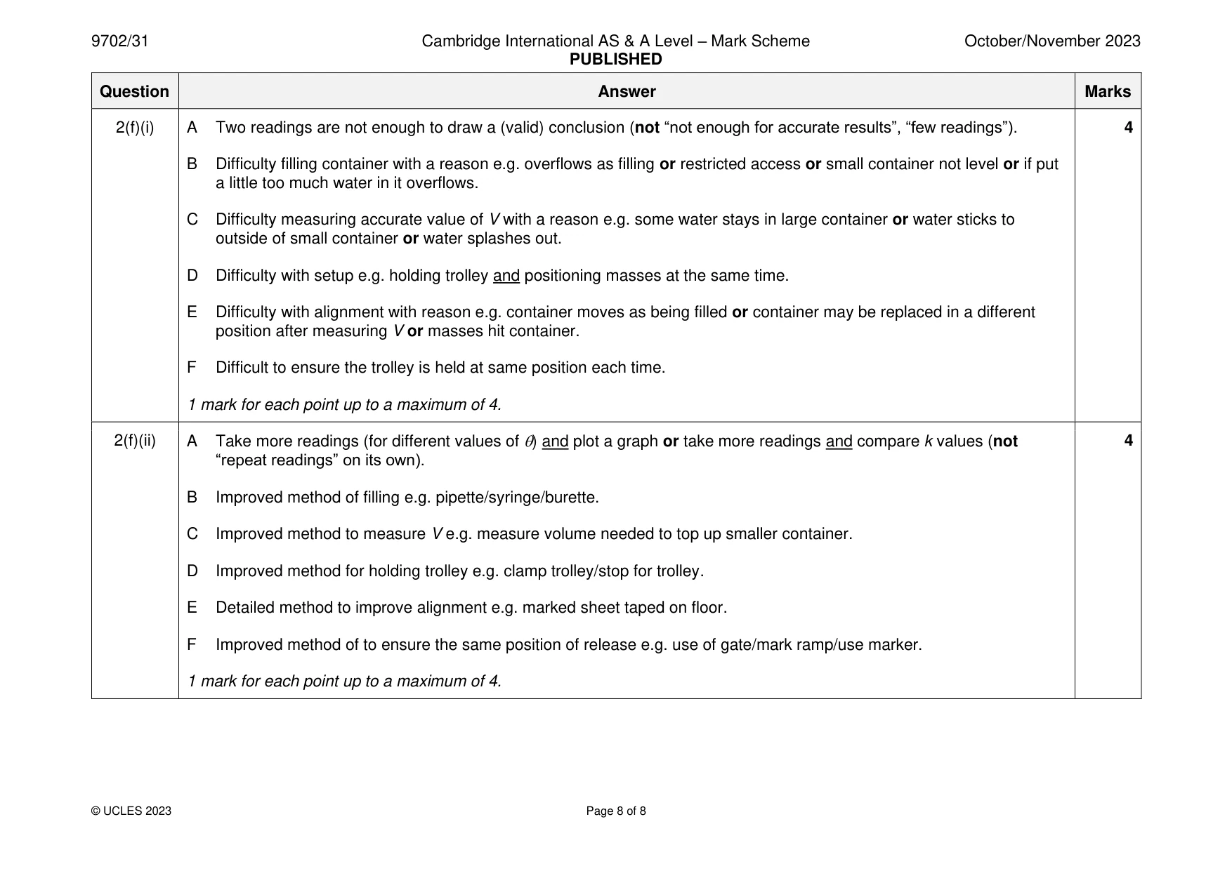 Mark scheme, page 8 of 8