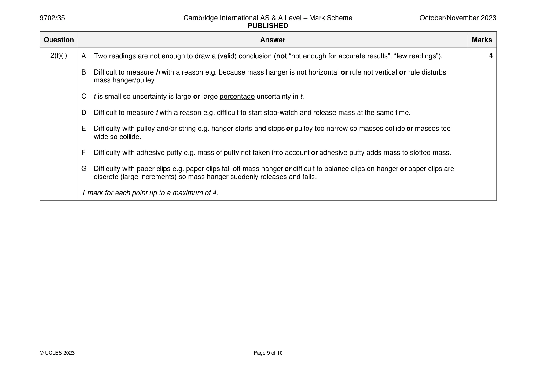 Mark scheme, page 9 of 10