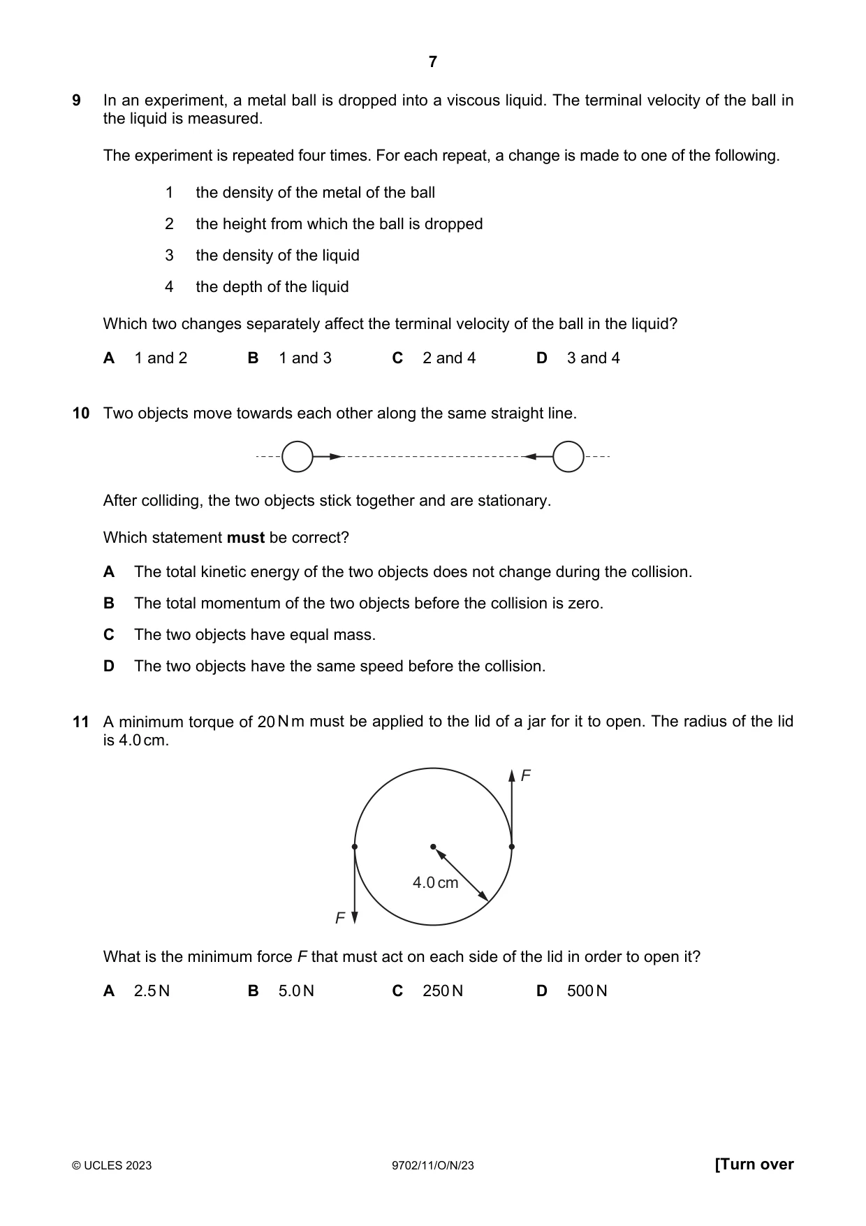 Cambridge A Level Physics 9702 2023 Oct/Nov Paper 1 · Variant 1 question paper, page 7 of 20
