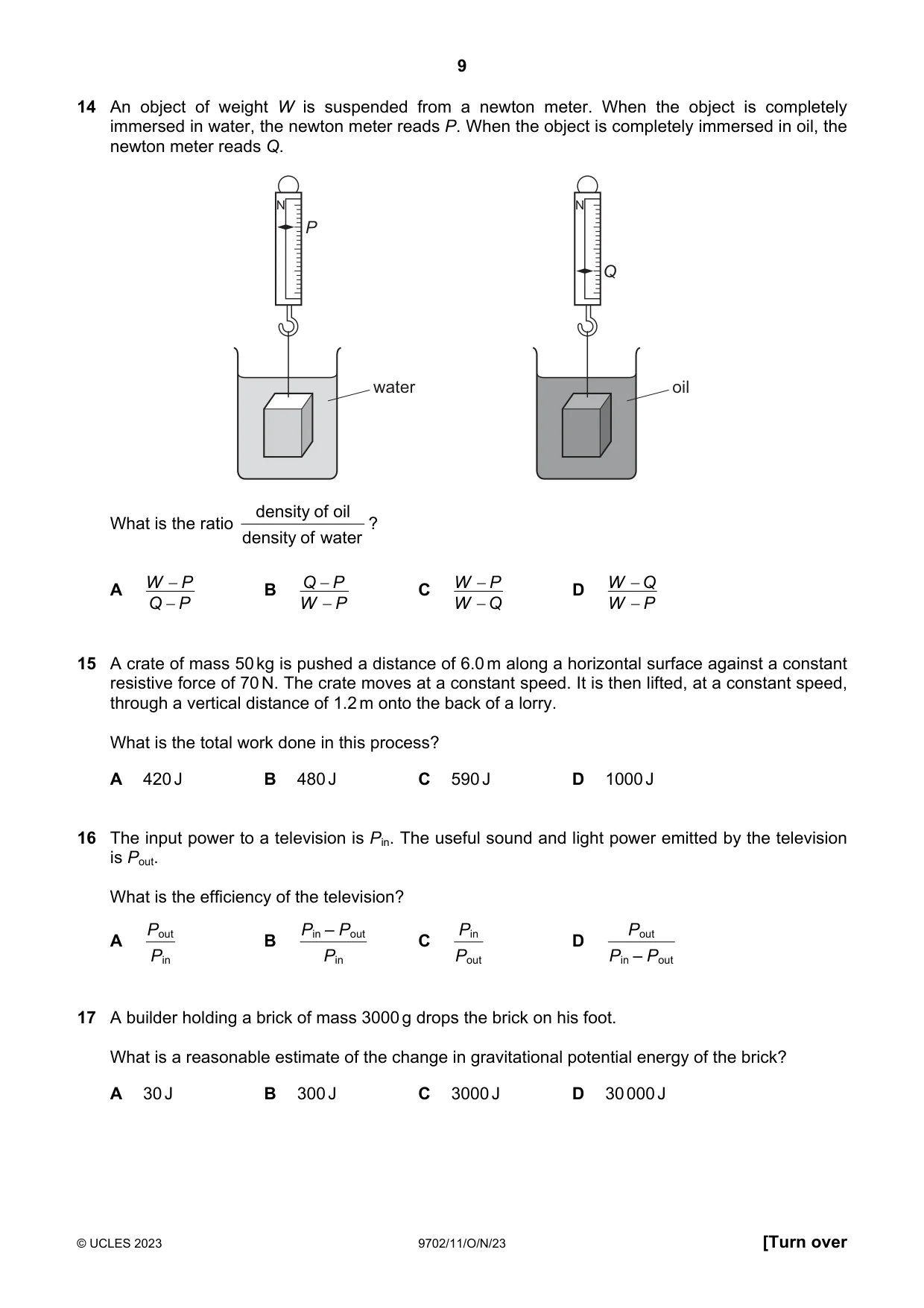 Cambridge A Level Physics 9702 2023 Oct/Nov Paper 1 · Variant 1 question paper, page 9 of 20