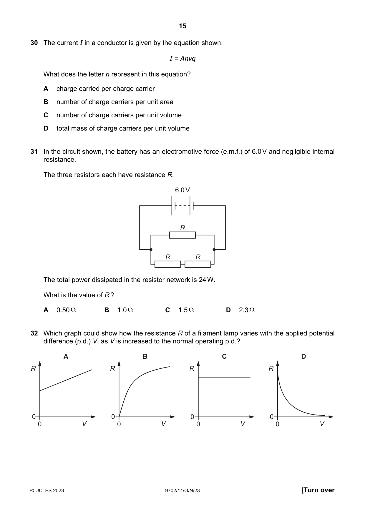 Cambridge A Level Physics 9702 2023 Oct/Nov Paper 1 · Variant 1 question paper, page 15 of 20