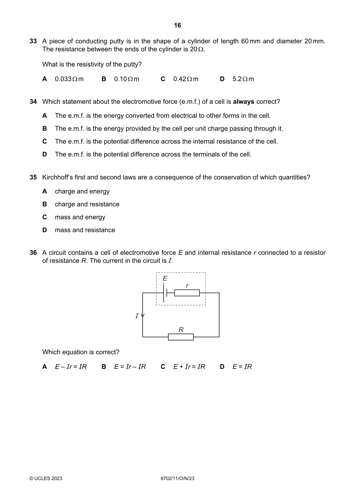 Cambridge A Level Physics 9702 2023 Oct/Nov Paper 1 · Variant 1 question paper, page 16 of 20