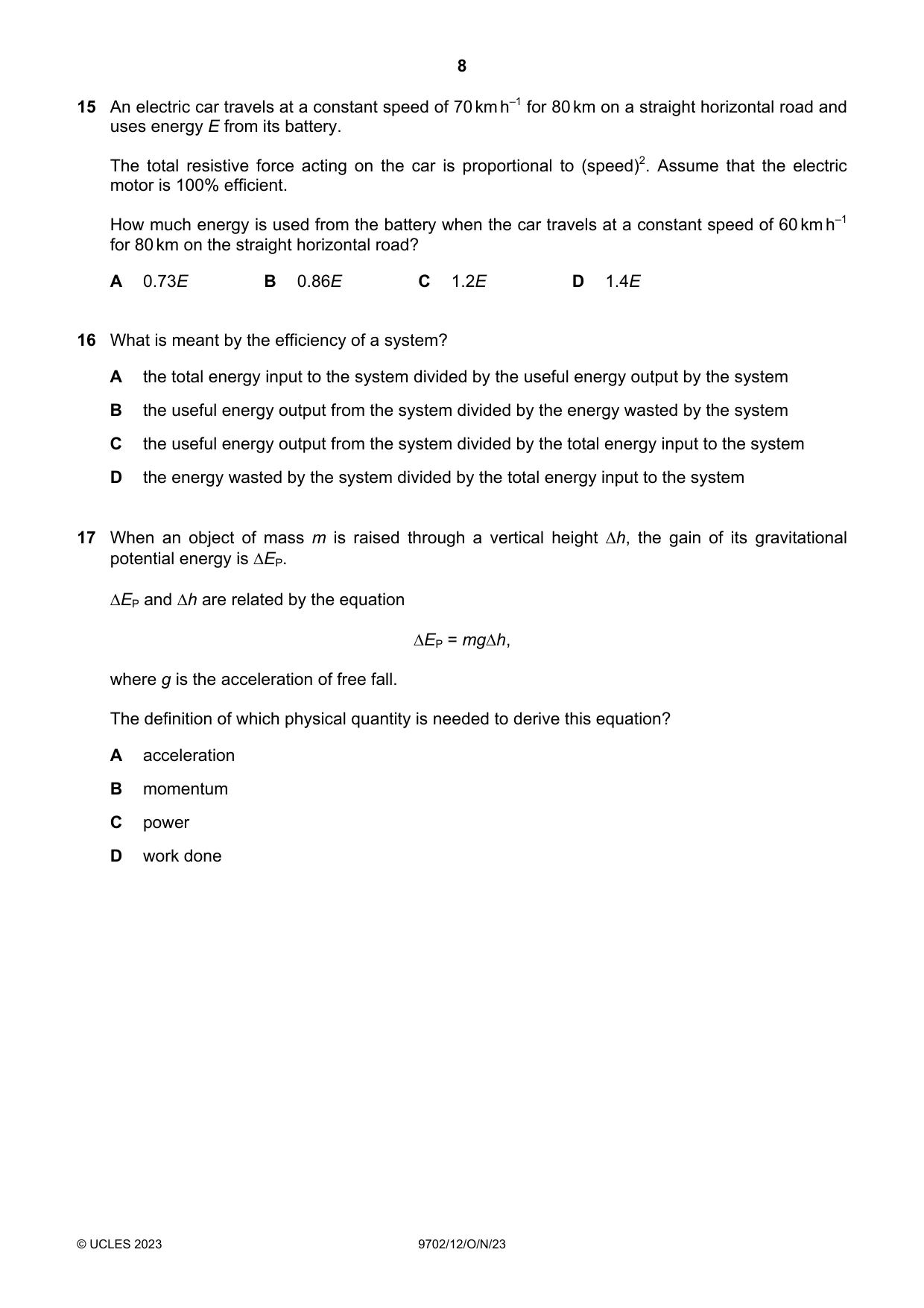 Cambridge A Level Physics 9702 2023 Oct/Nov Paper 1 · Variant 2 question paper, page 8 of 20