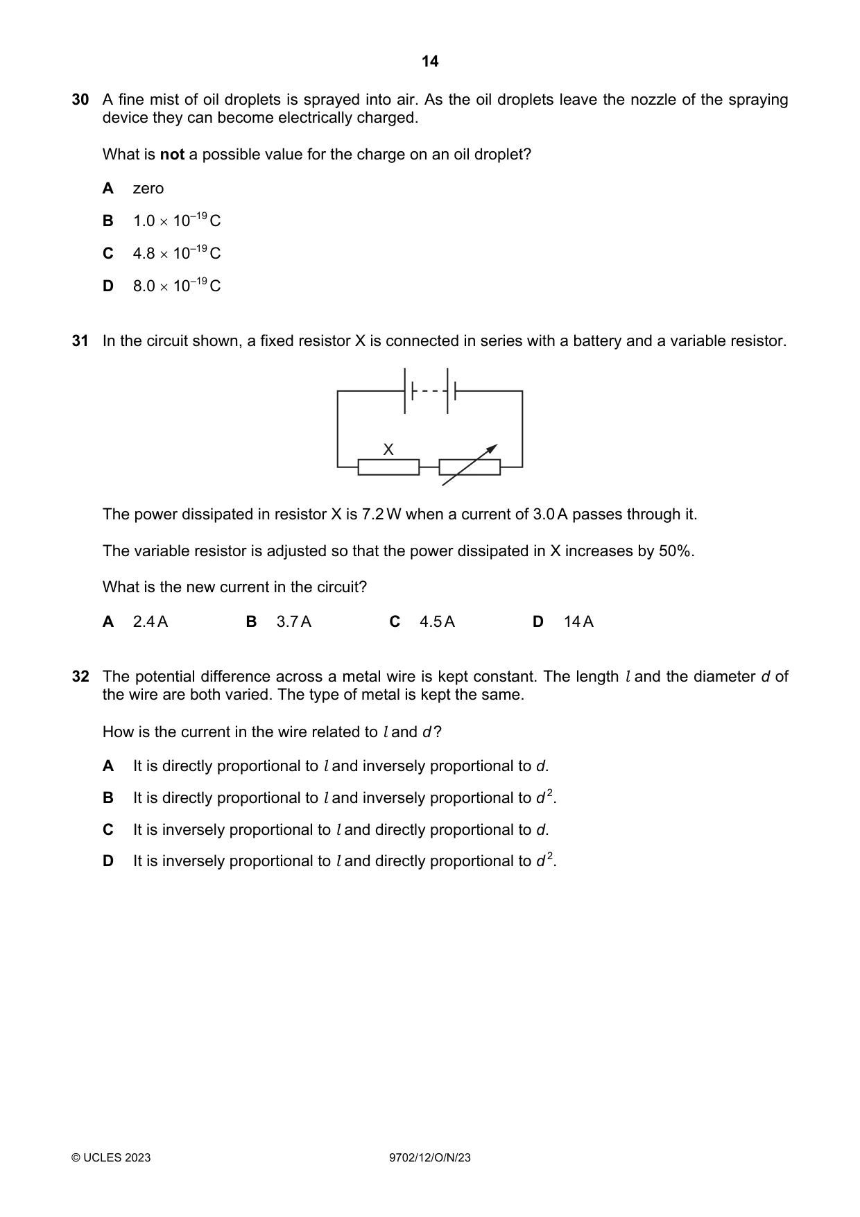 Cambridge A Level Physics 9702 2023 Oct/Nov Paper 1 · Variant 2 question paper, page 14 of 20