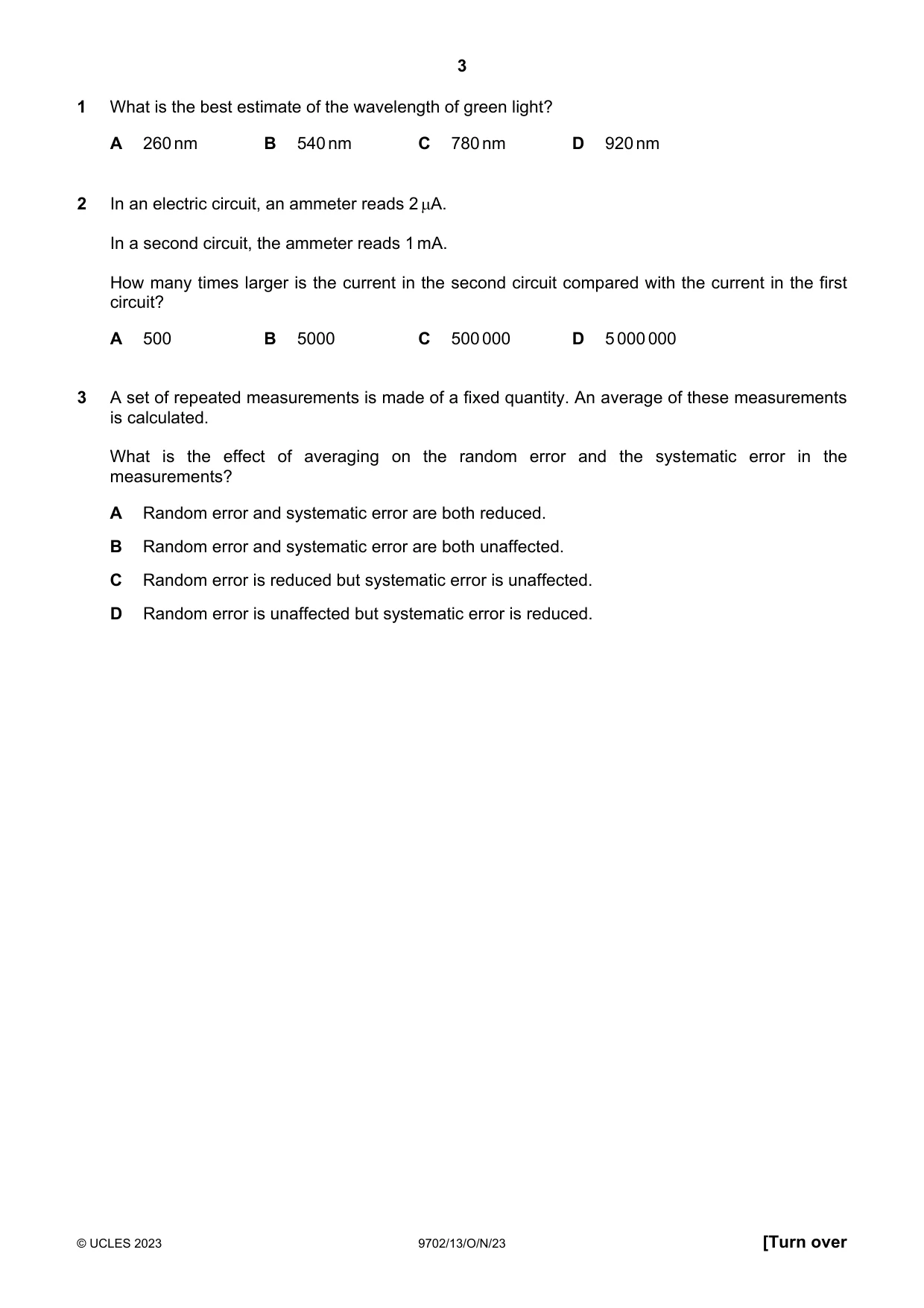 Cambridge A Level Physics 9702 2023 Oct/Nov Paper 1 · Variant 3 question paper, page 3 of 20