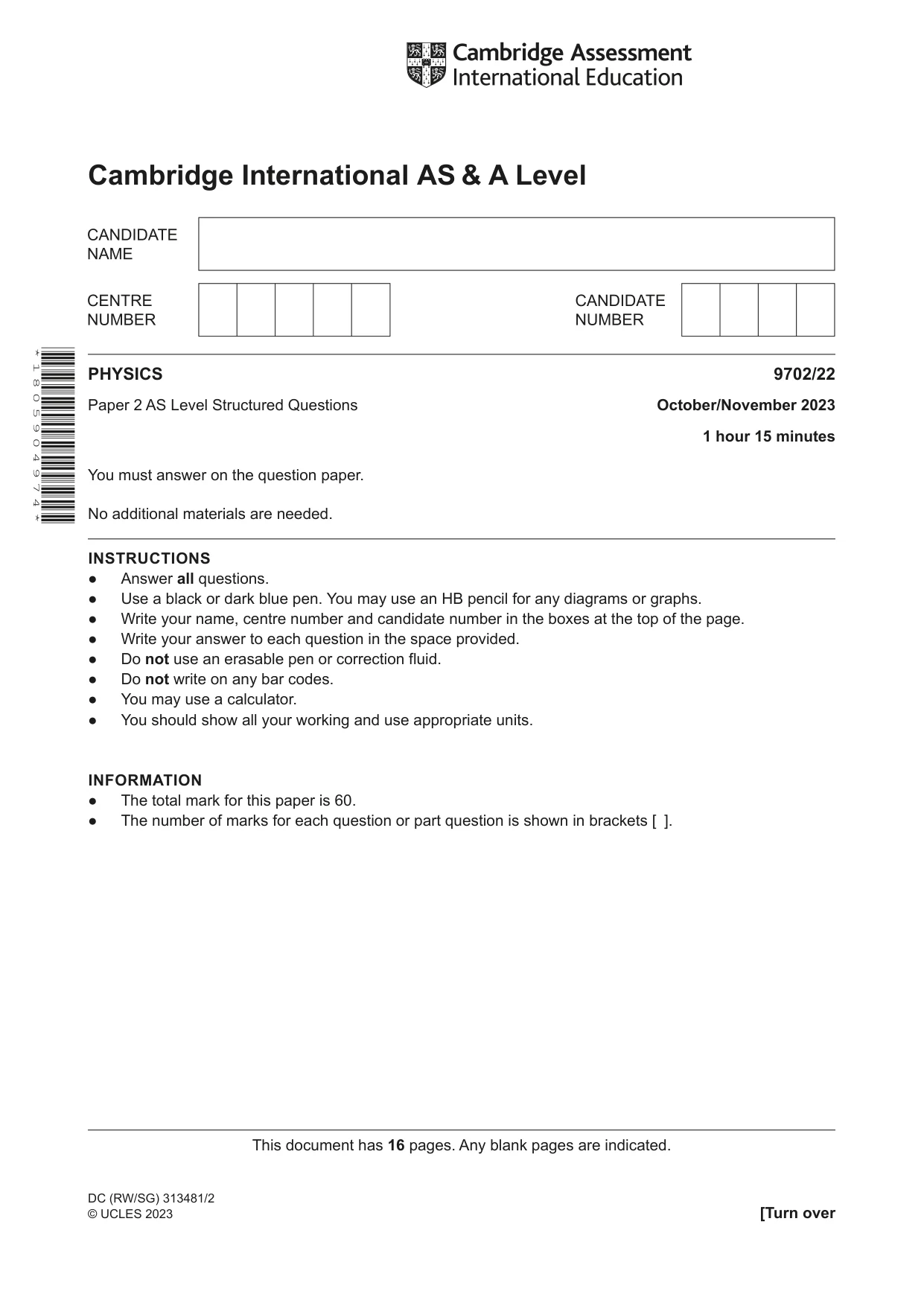 Cambridge A Level Physics 9702 2023 Oct/Nov Paper 2 · Variant 2 question paper, page 1 of 16