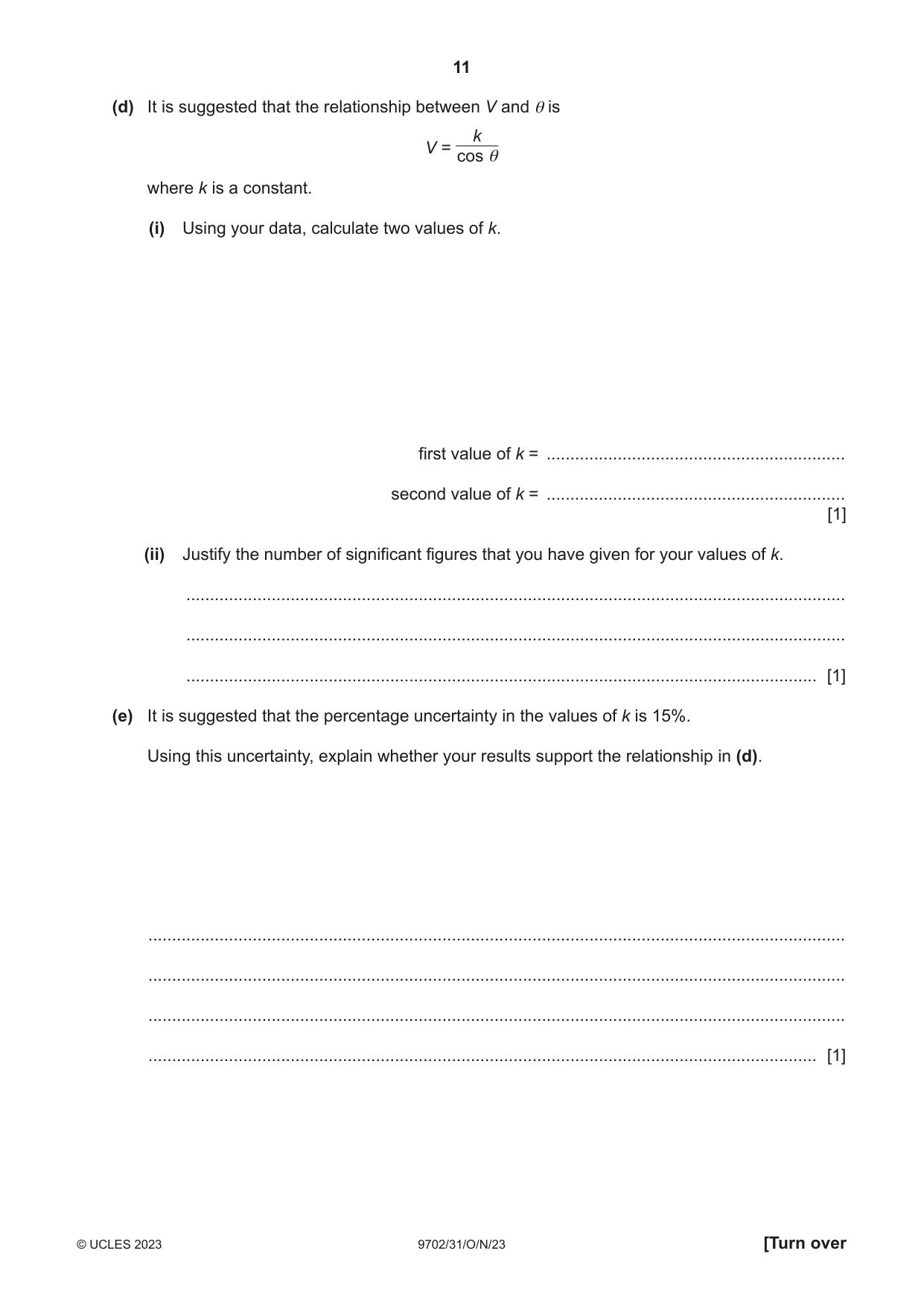 Cambridge A Level Physics 9702 2023 Oct/Nov Paper 3 · Variant 1 question paper, page 11 of 12