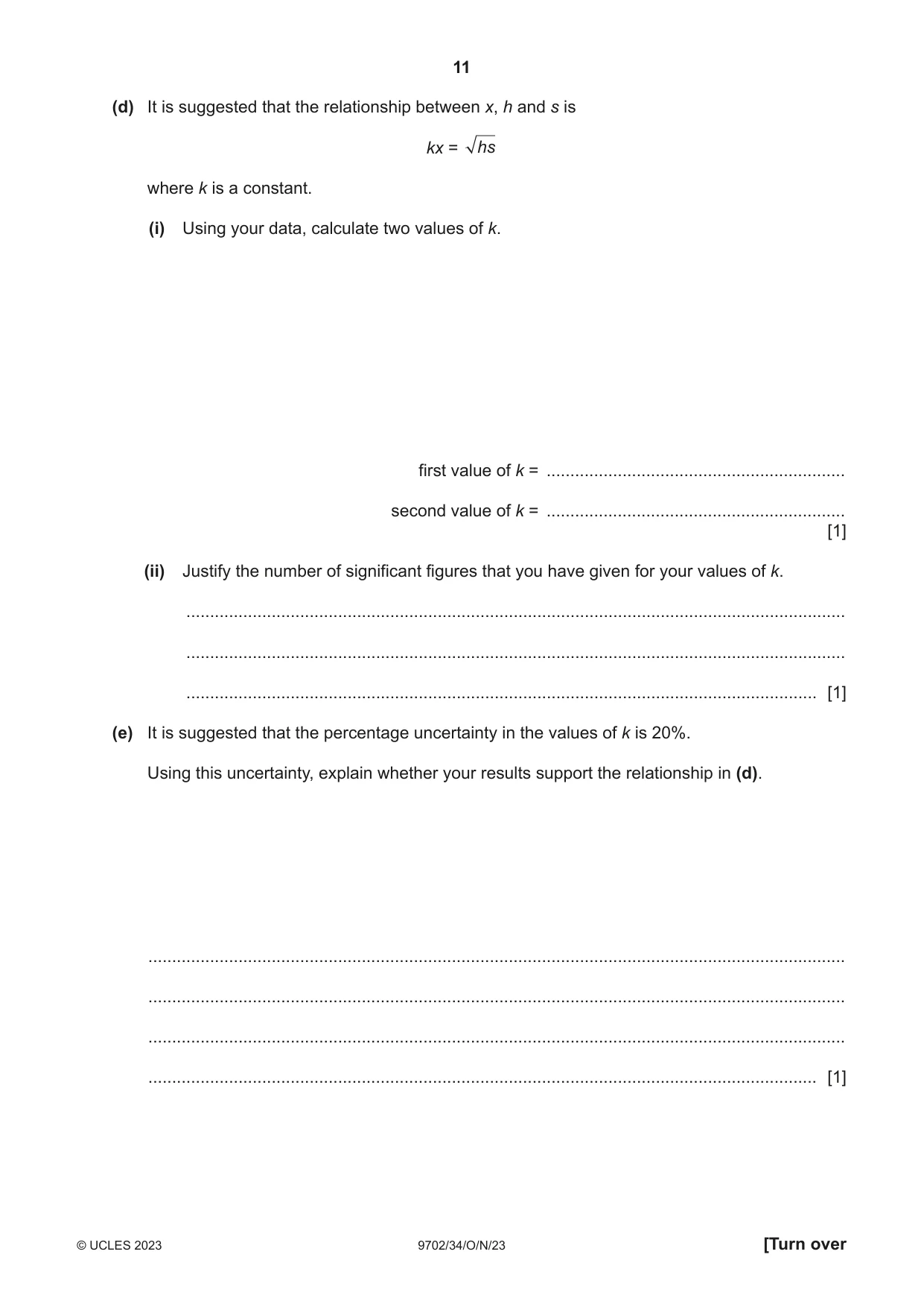 Cambridge A Level Physics 9702 2023 Oct/Nov Paper 3 · Variant 4 question paper, page 11 of 12