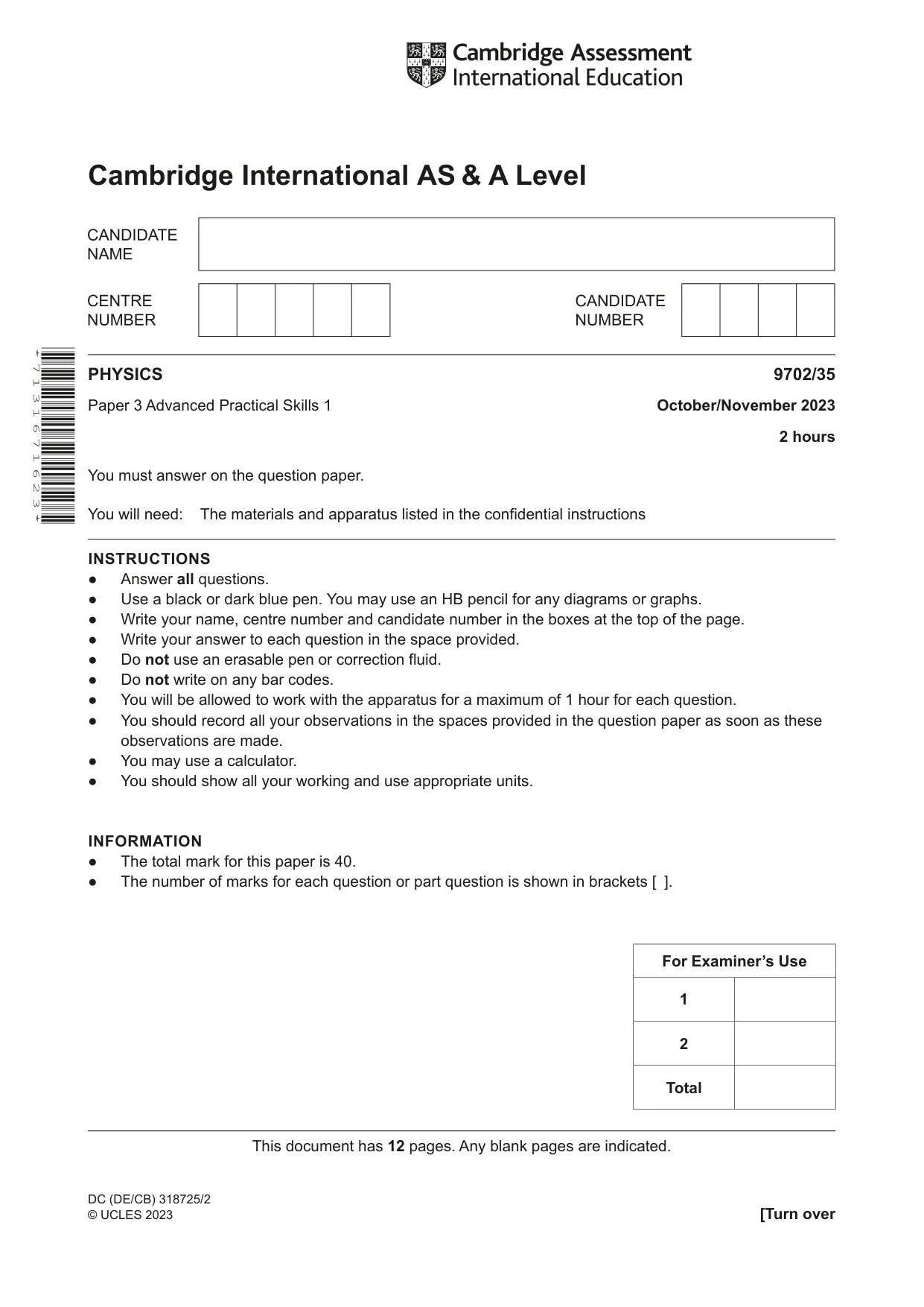 Cambridge A Level Physics 9702 2023 Oct/Nov Paper 3 · Variant 5 question paper, page 1 of 12