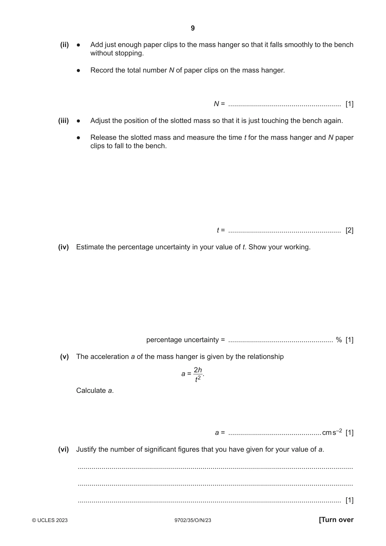 Cambridge A Level Physics 9702 2023 Oct/Nov Paper 3 · Variant 5 question paper, page 9 of 12