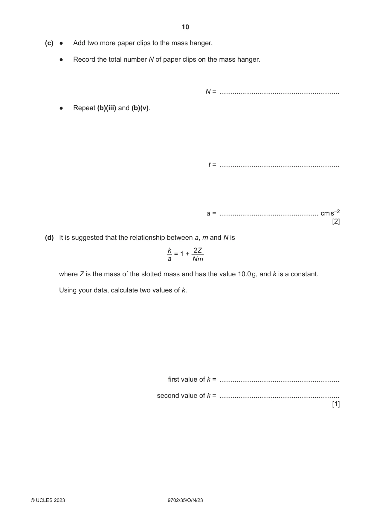 Cambridge A Level Physics 9702 2023 Oct/Nov Paper 3 · Variant 5 question paper, page 10 of 12
