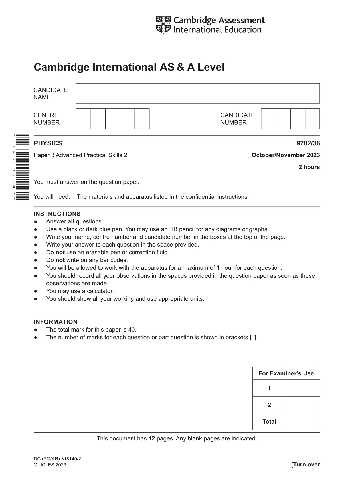 Cambridge A Level Physics 9702 2023 Oct/Nov Paper 3 · Variant 6 question paper, page 1 of 12