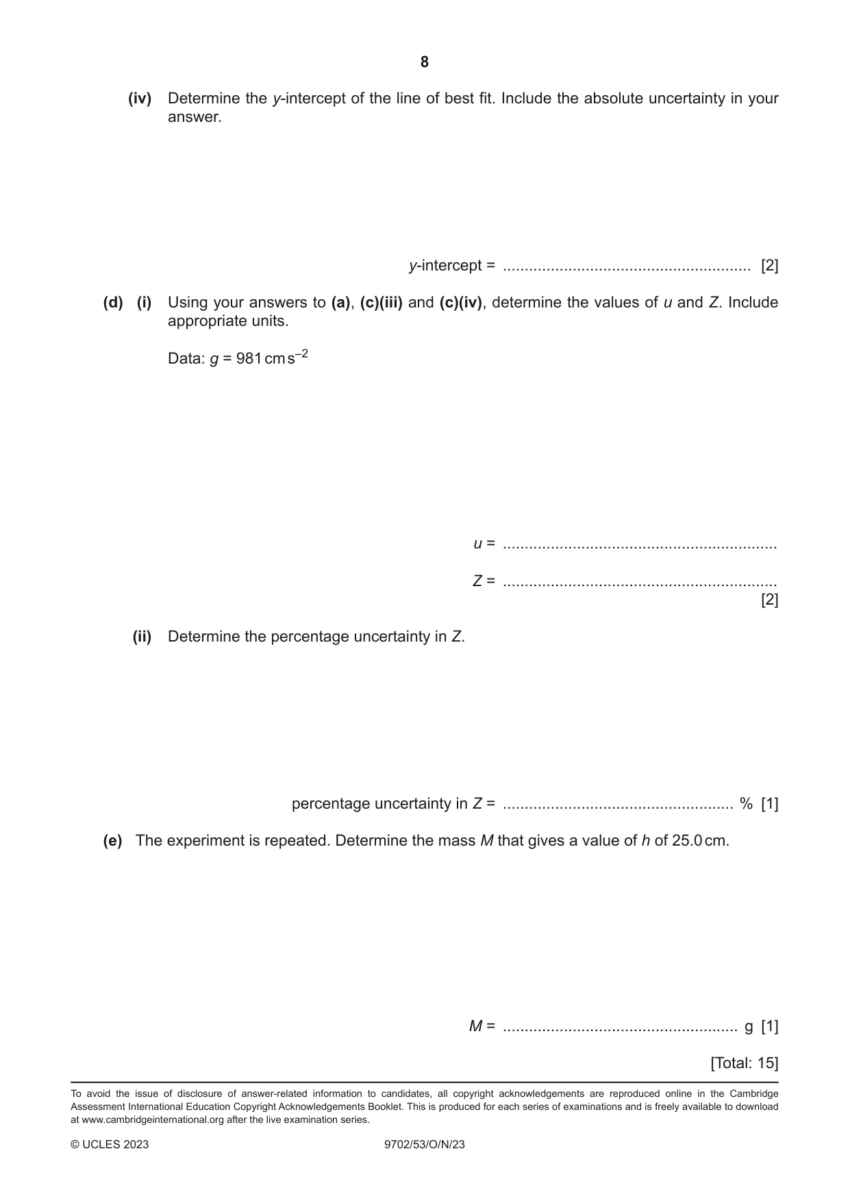Cambridge A Level Physics 9702 2023 Oct/Nov Paper 5 · Variant 3 question paper, page 8 of 8