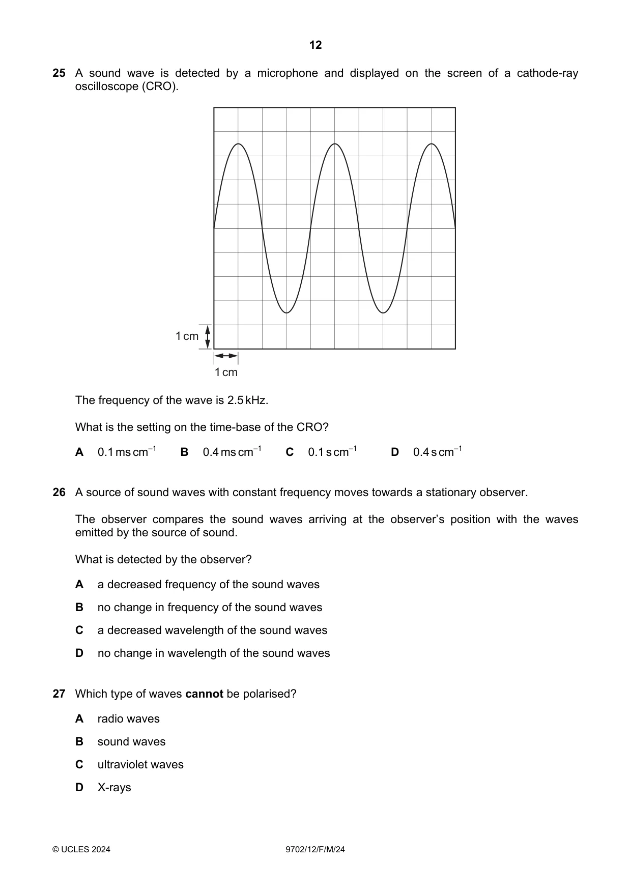 Cambridge A Level Physics 9702 2024 Feb/March Paper 1 · Variant 2 question paper, page 12 of 16