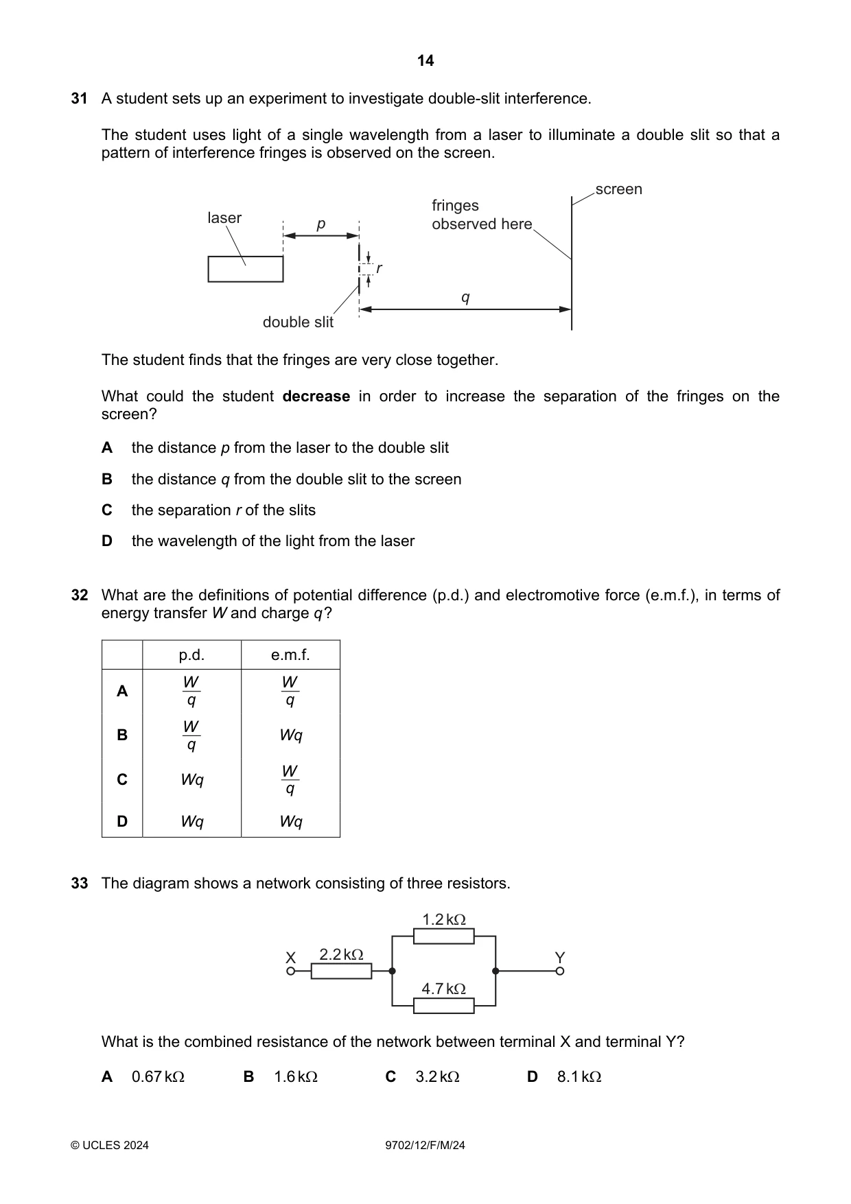 Cambridge A Level Physics 9702 2024 Feb/March Paper 1 · Variant 2 question paper, page 14 of 16