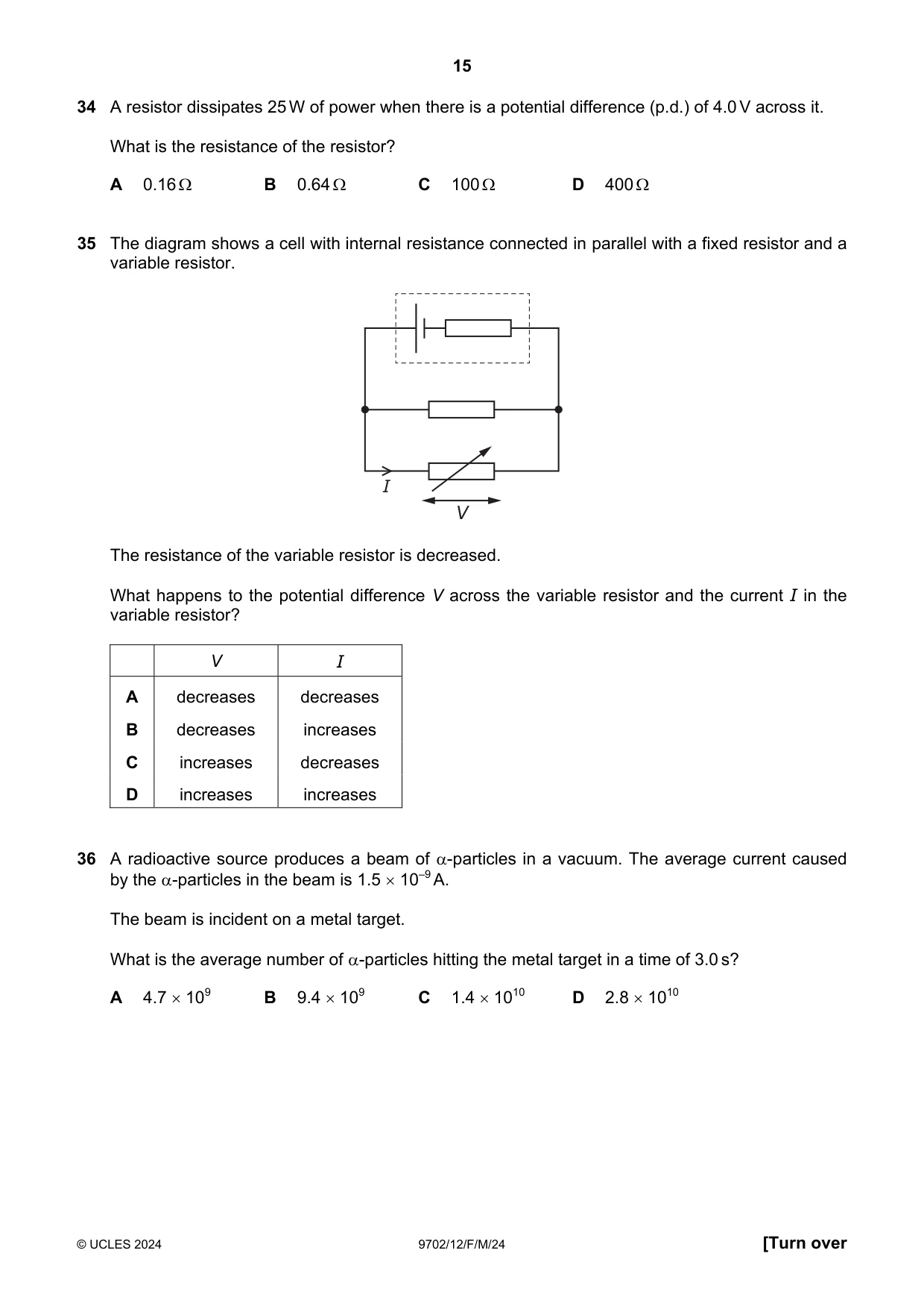 Cambridge A Level Physics 9702 2024 Feb/March Paper 1 · Variant 2 question paper, page 15 of 16