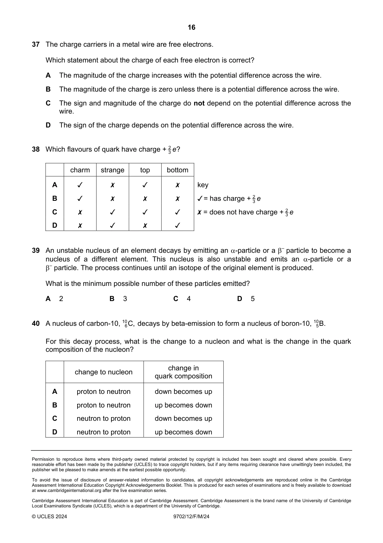 Cambridge A Level Physics 9702 2024 Feb/March Paper 1 · Variant 2 question paper, page 16 of 16