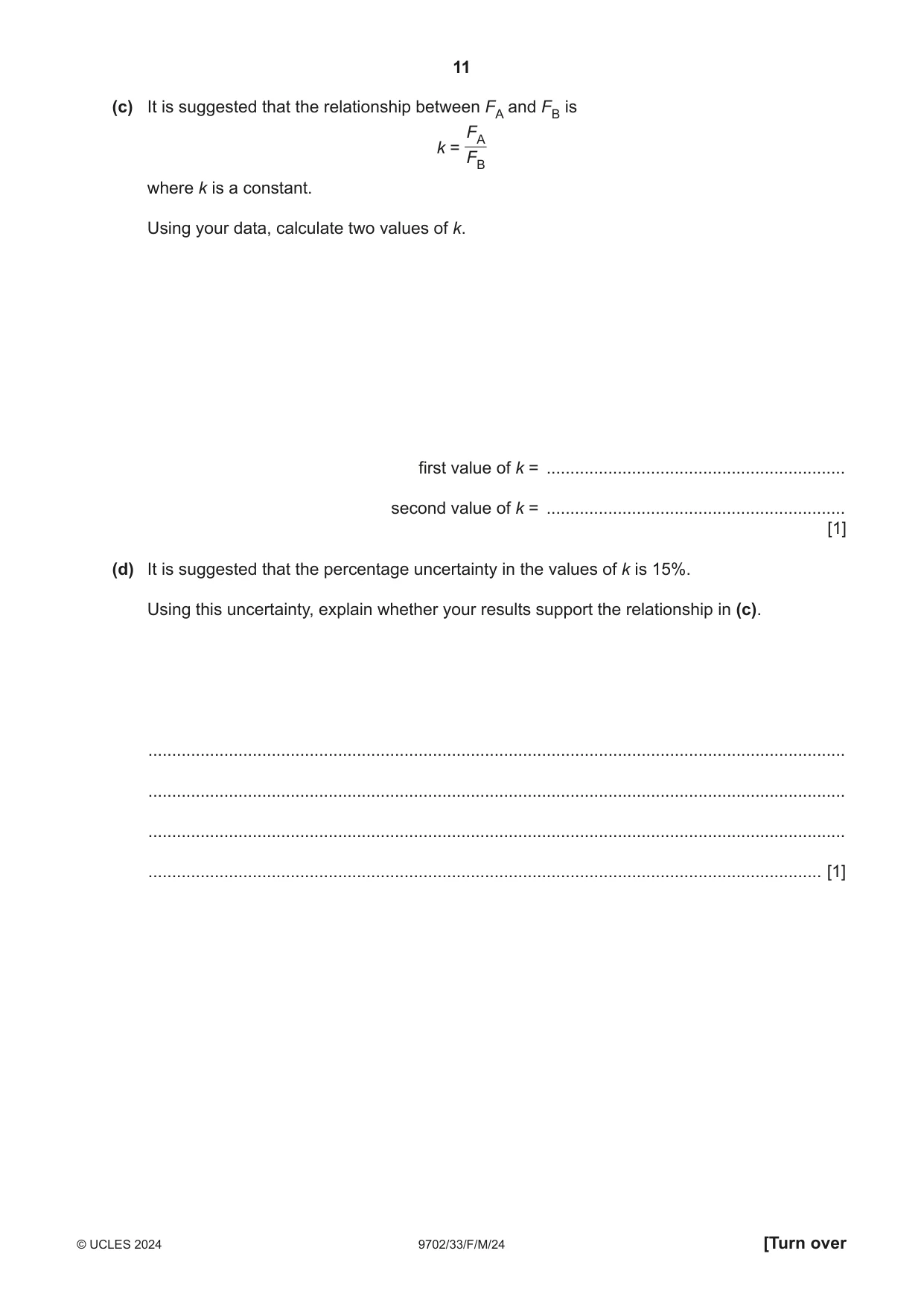 Cambridge A Level Physics 9702 2024 Feb/March Paper 3 · Variant 3 question paper, page 11 of 12
