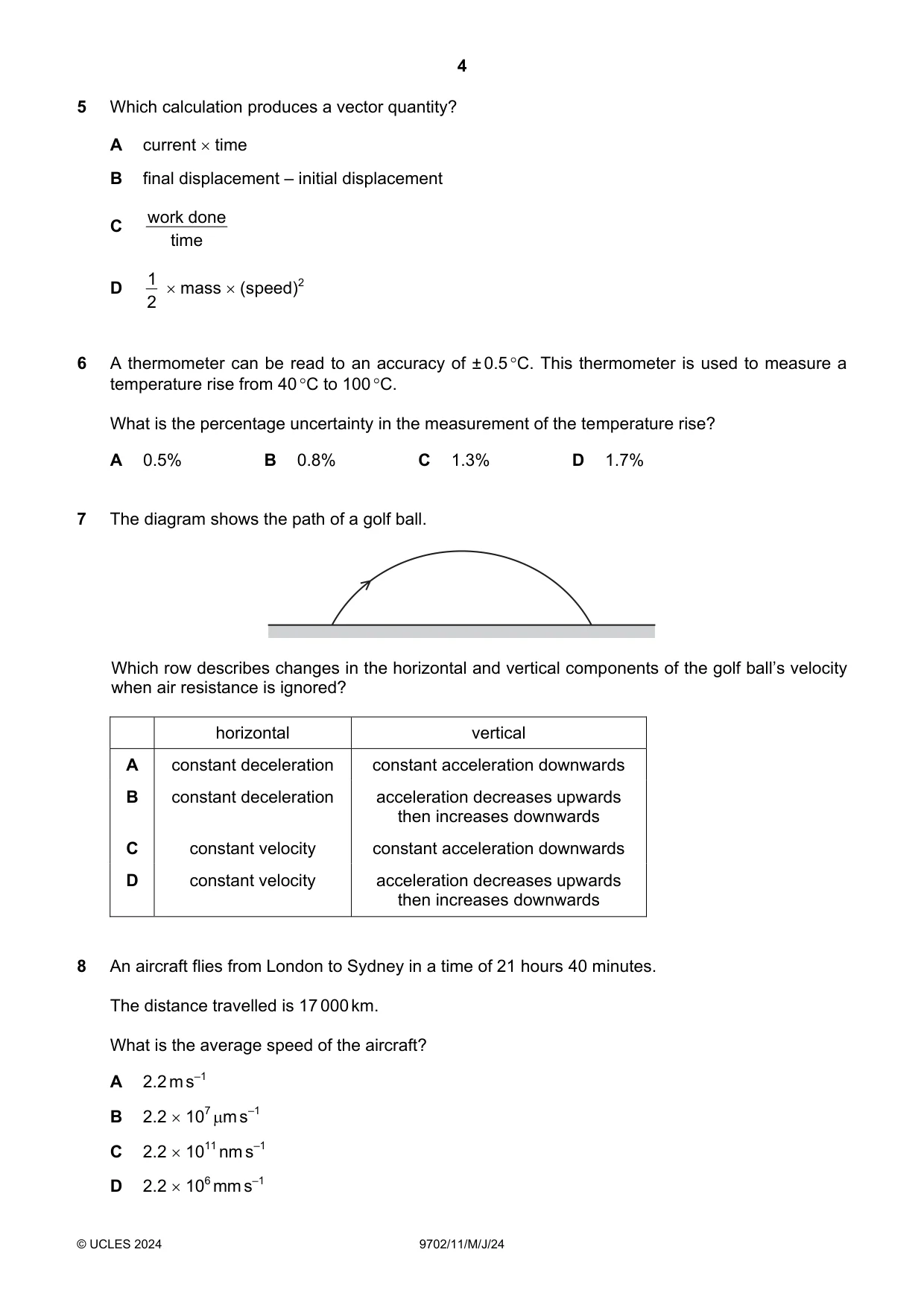 Cambridge A Level Physics 9702 2024 May/June Paper 1 · Variant 1 question paper, page 4 of 16