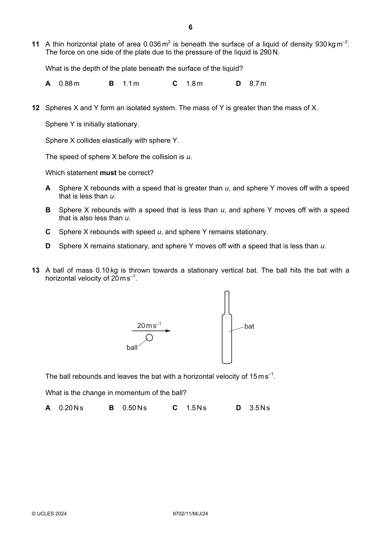 Cambridge A Level Physics 9702 2024 May/June Paper 1 · Variant 1 question paper, page 6 of 16