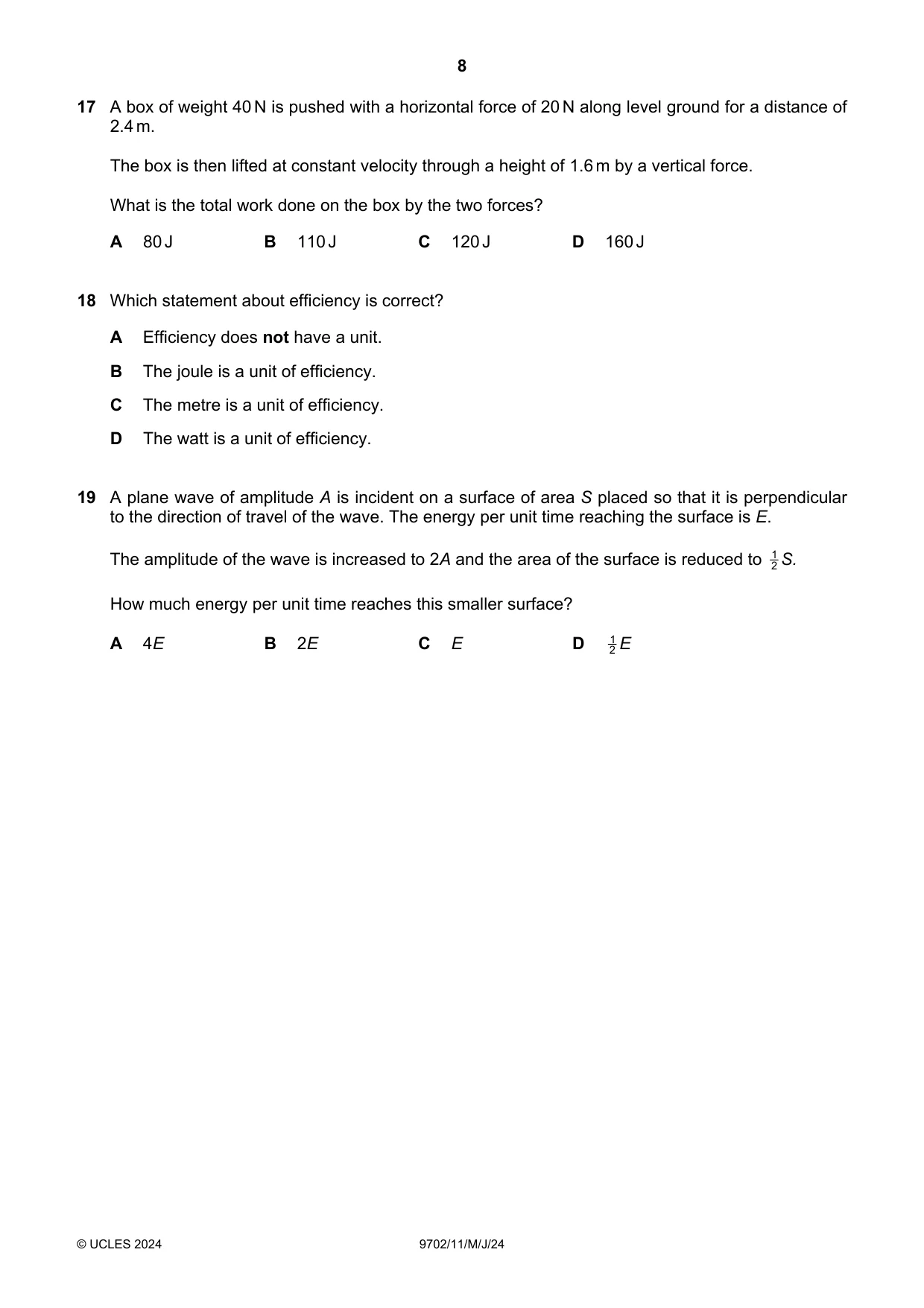 Cambridge A Level Physics 9702 2024 May/June Paper 1 · Variant 1 question paper, page 8 of 16