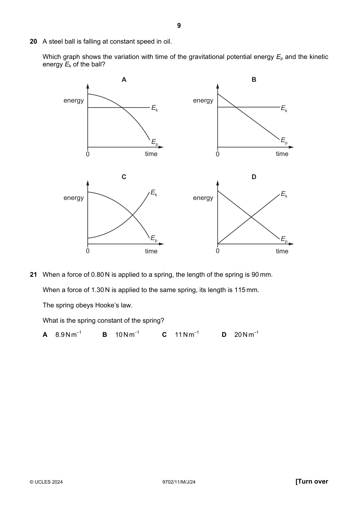 Cambridge A Level Physics 9702 2024 May/June Paper 1 · Variant 1 question paper, page 9 of 16