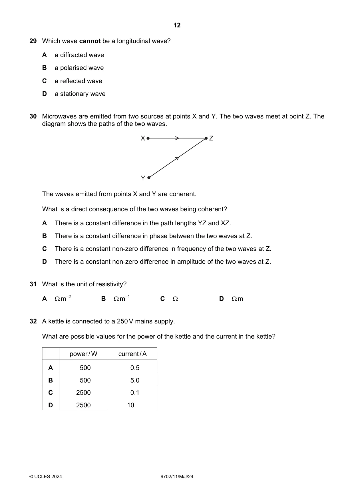Cambridge A Level Physics 9702 2024 May/June Paper 1 · Variant 1 question paper, page 12 of 16
