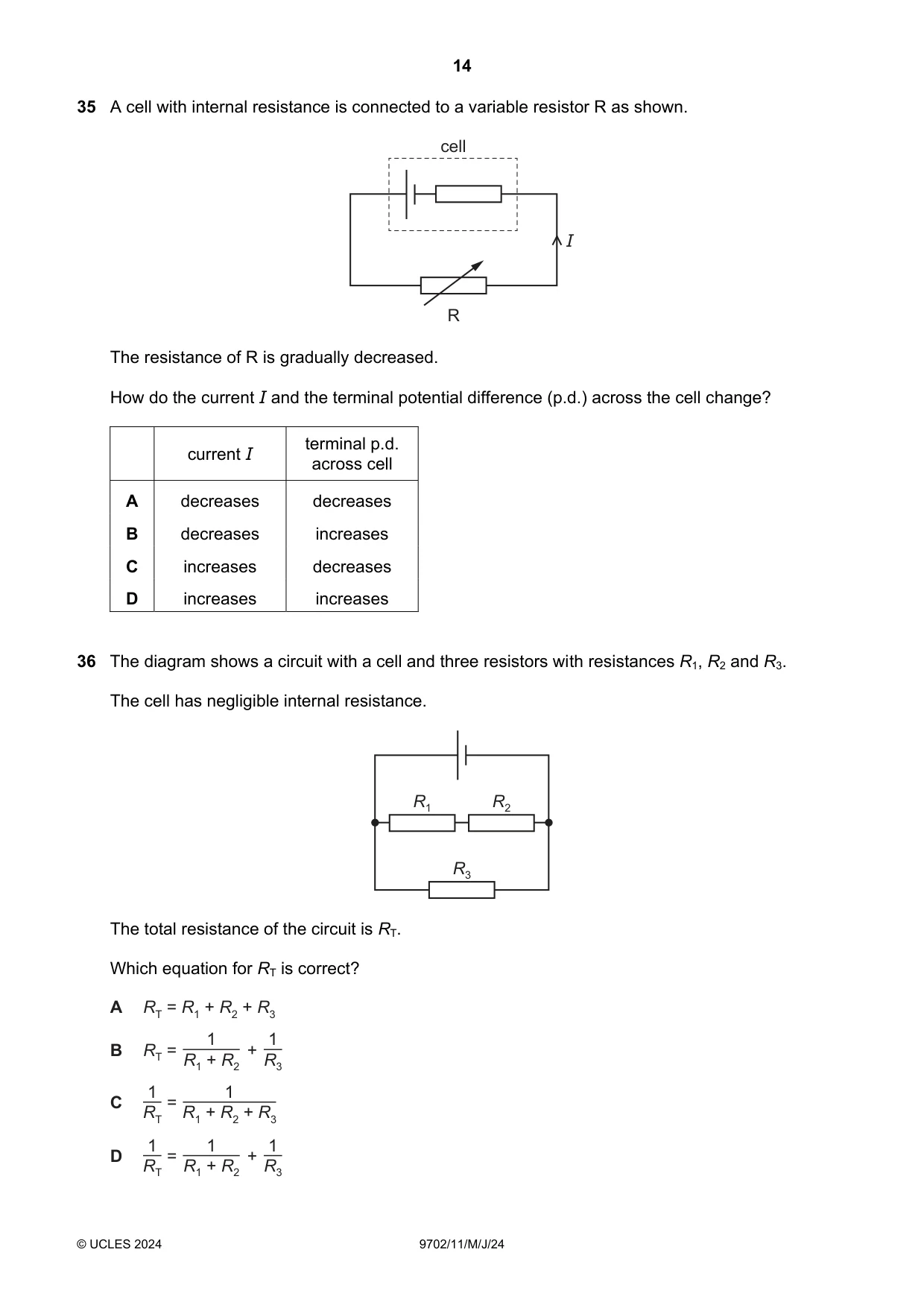 Cambridge A Level Physics 9702 2024 May/June Paper 1 · Variant 1 question paper, page 14 of 16